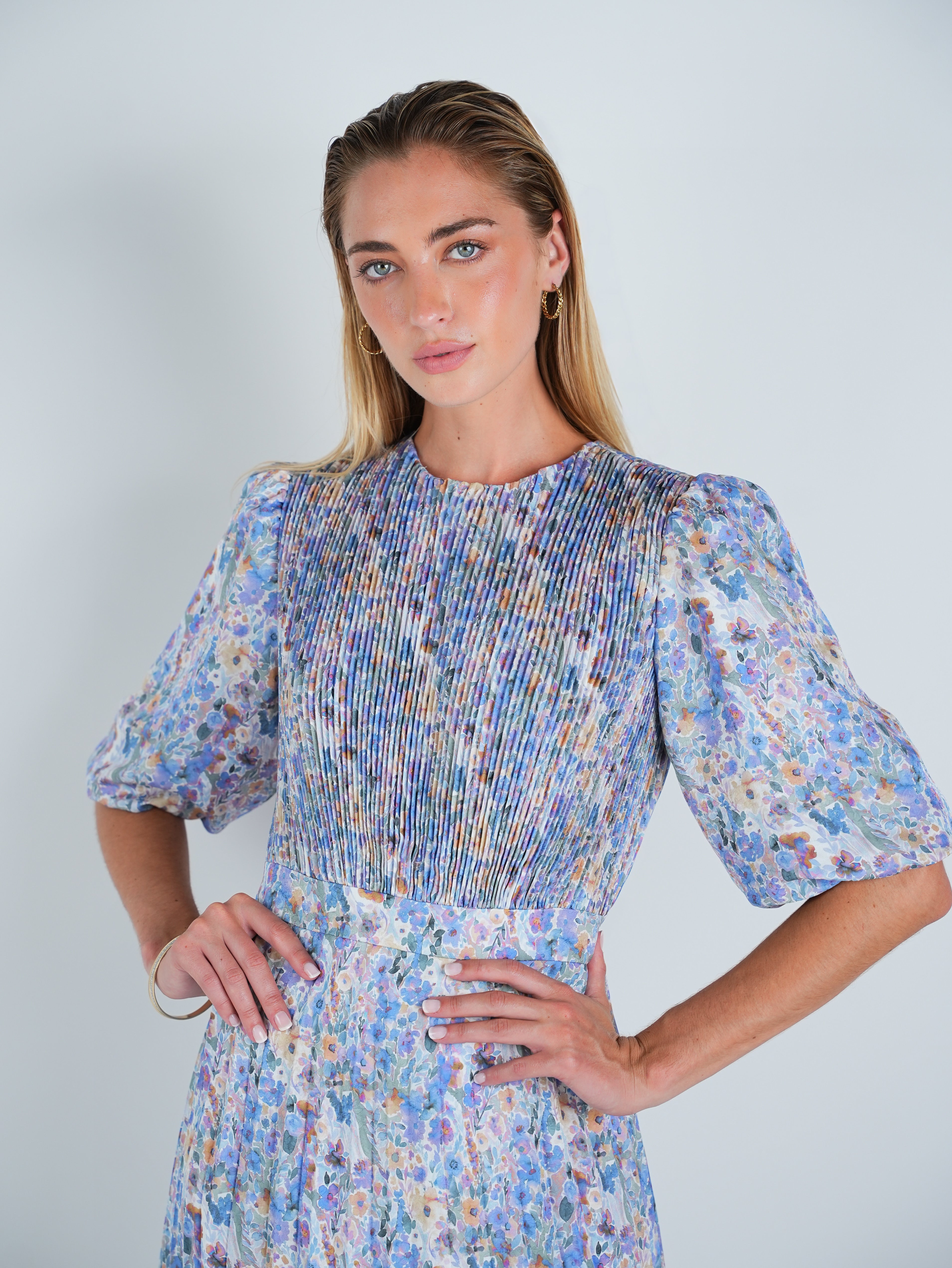 Multi Floral Pleated Midi Dress