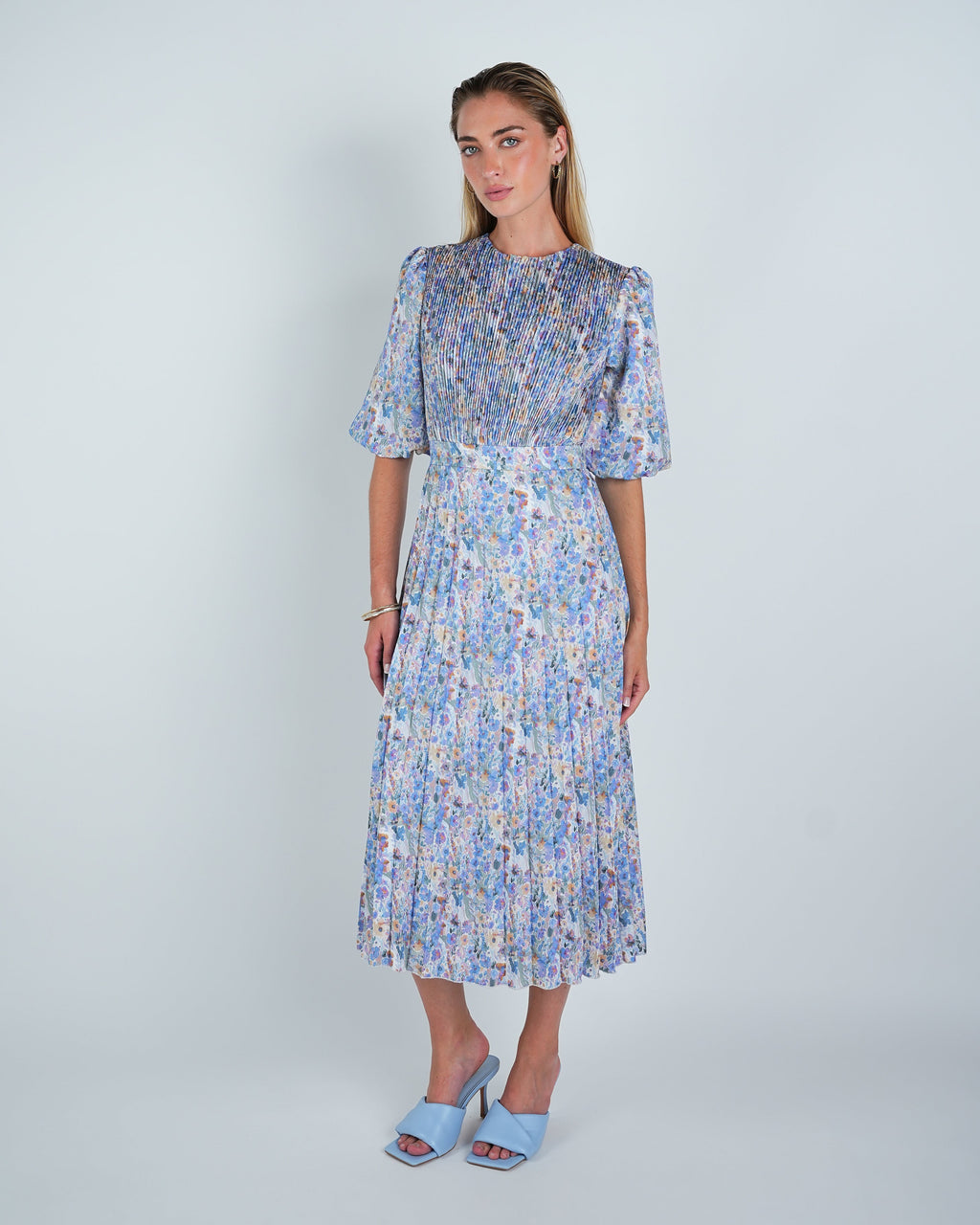 Multi Floral Pleated Midi Dress