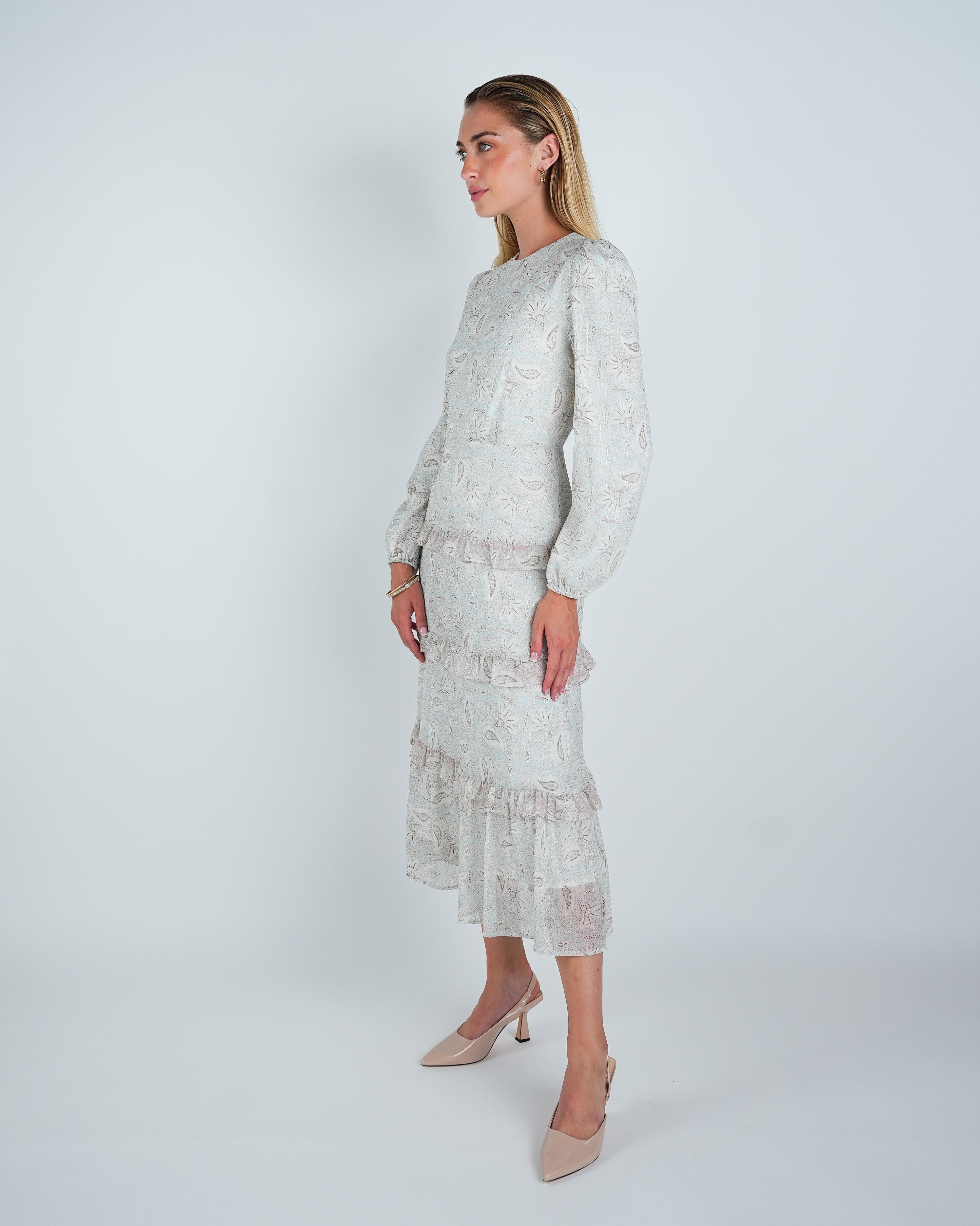 Chiffon Lurex Stripe Paisley Tiered Midi Dress