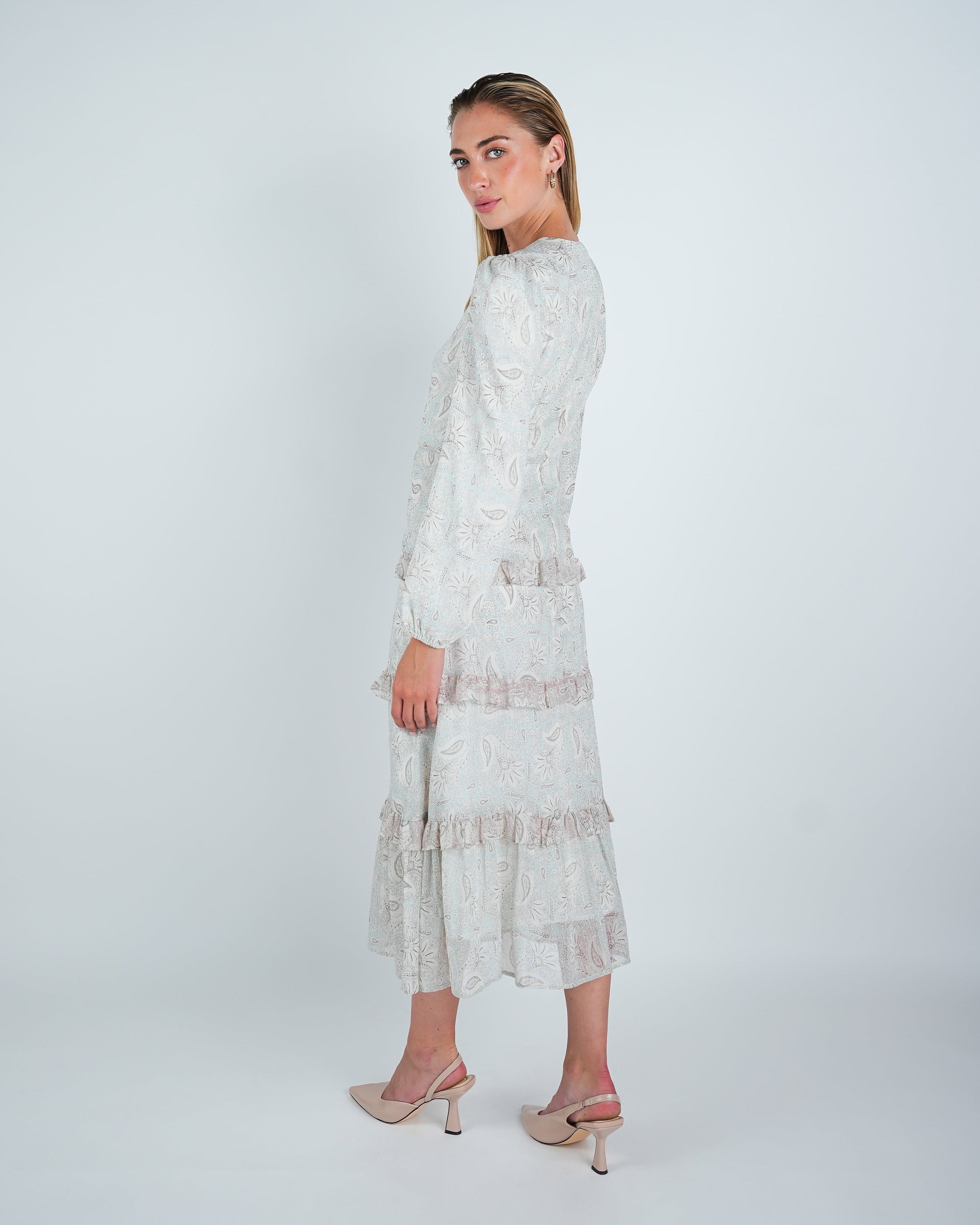 Chiffon Lurex Stripe Paisley Tiered Midi Dress