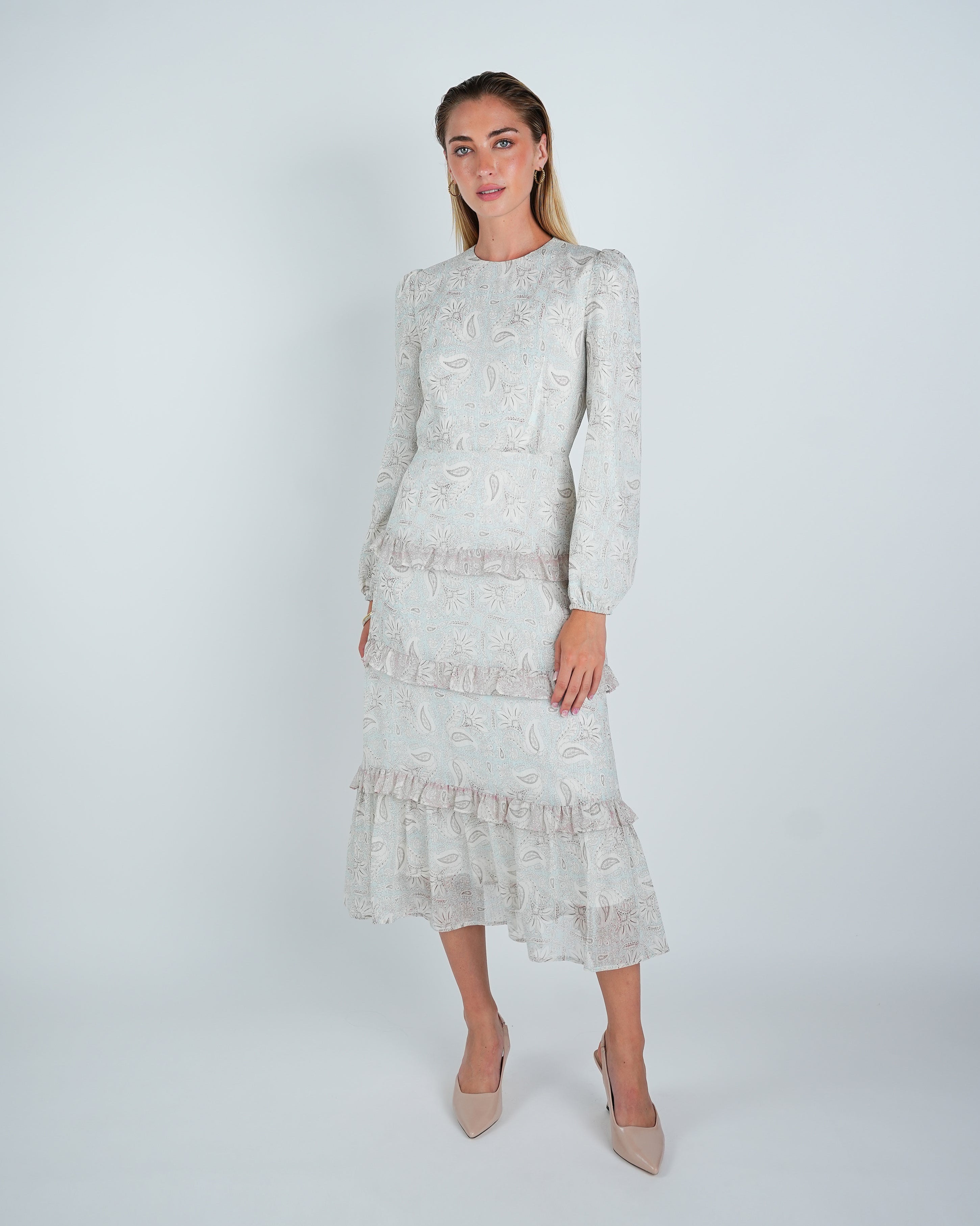 Chiffon Lurex Stripe Paisley Tiered Midi Dress