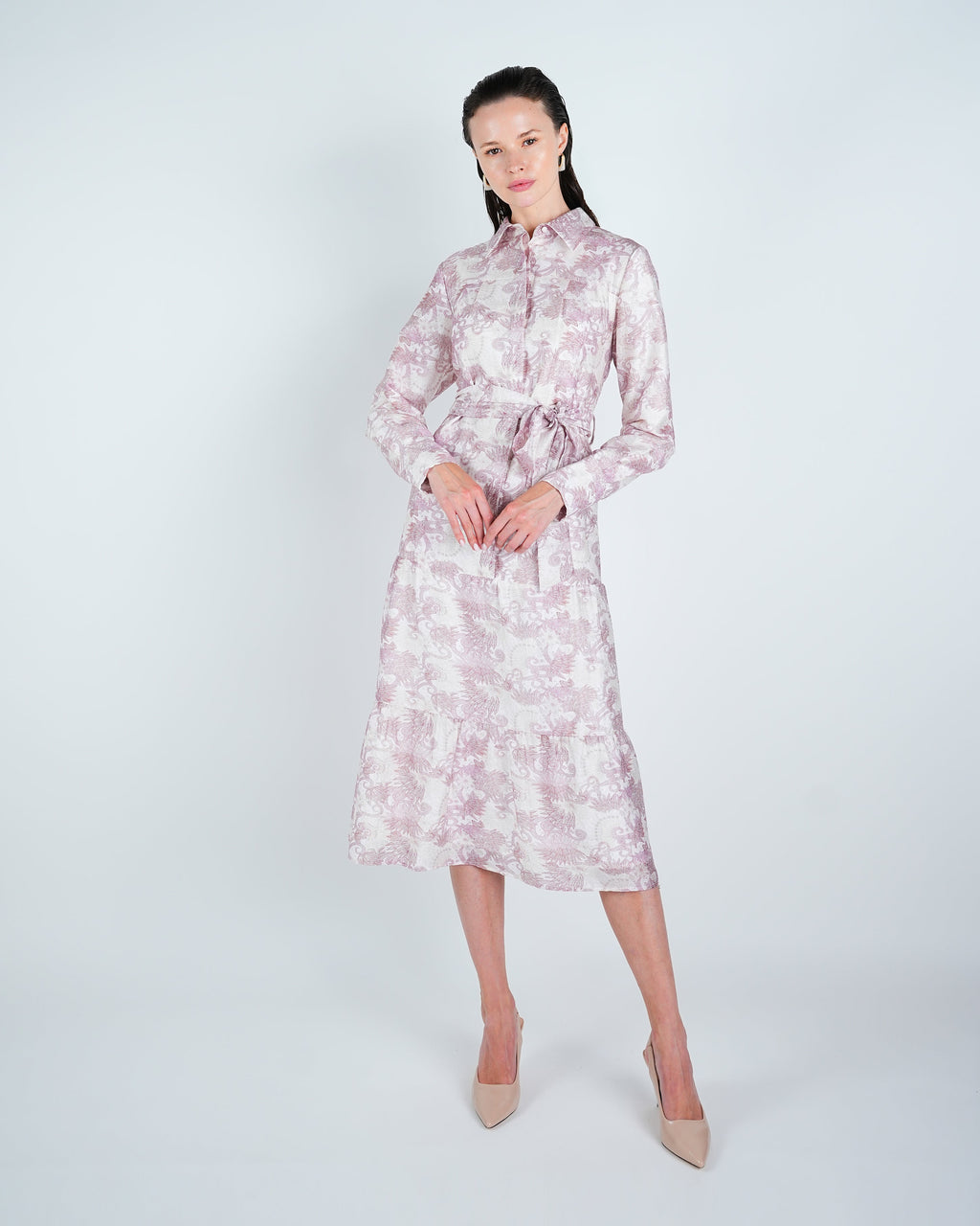 Abstract Belted Tiered Shirt Dress