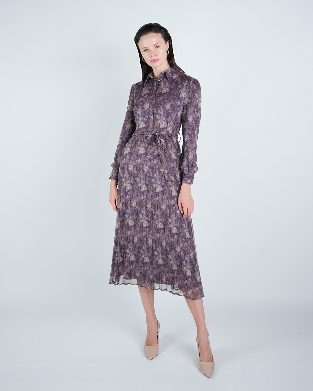 Chiffon Printed Pleated Midi Shirt Dress