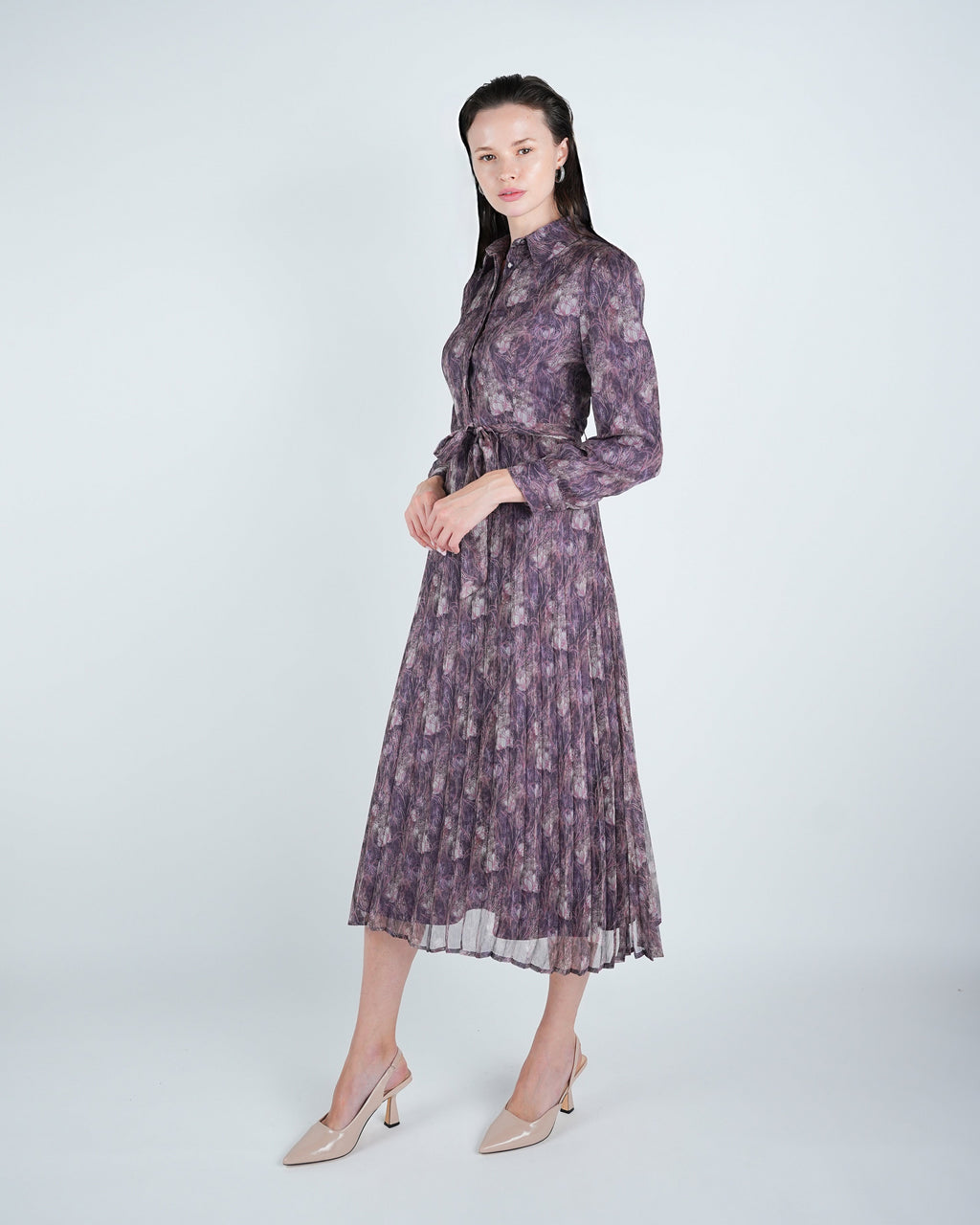 Chiffon Printed Pleated Midi Shirt Dress