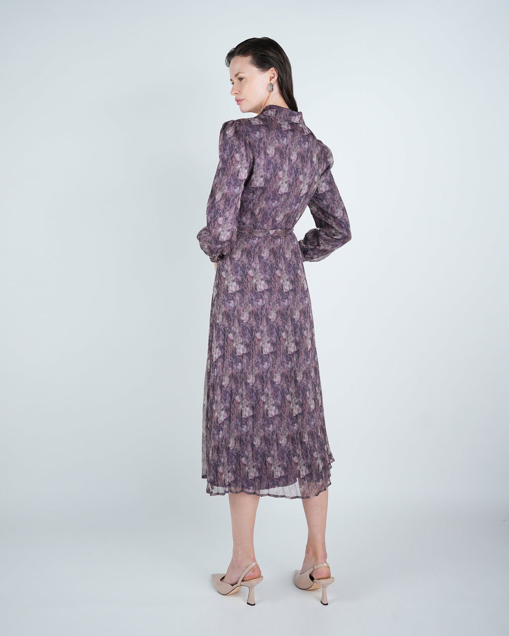 Chiffon Printed Pleated Midi Shirt Dress