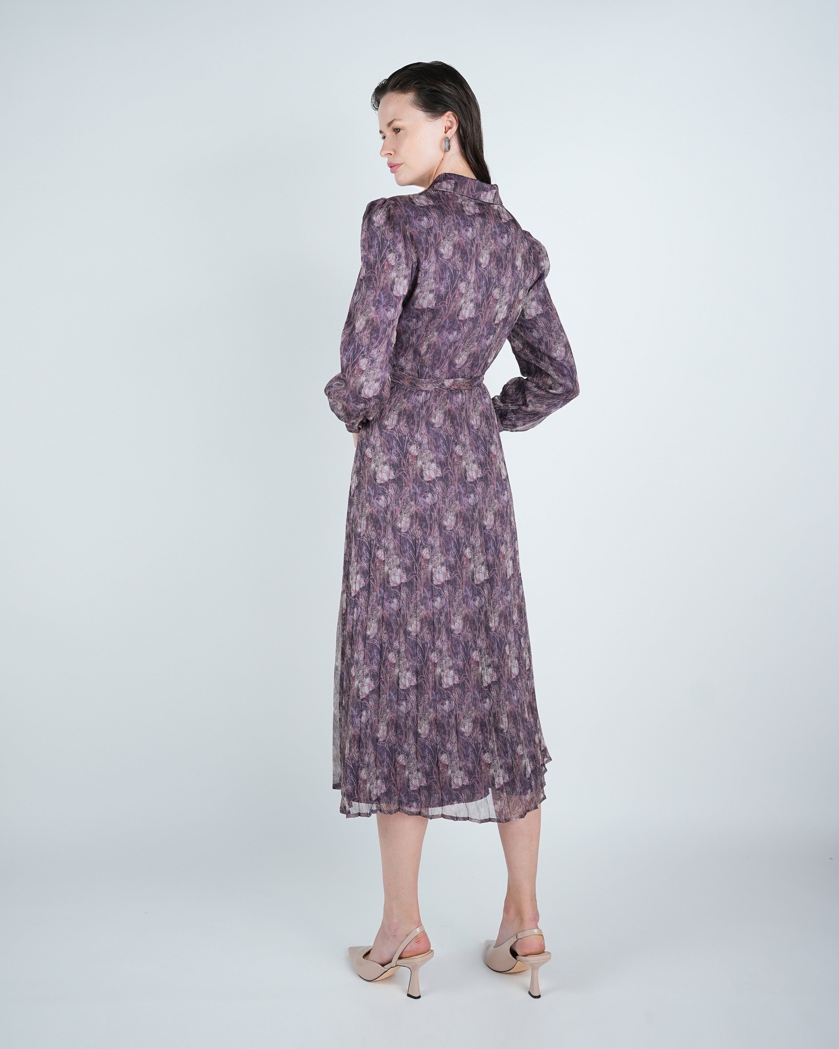 Chiffon Printed Pleated Midi Shirt Dress