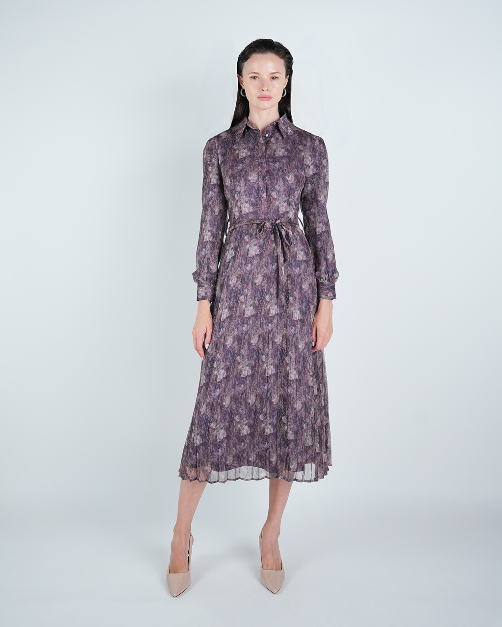 Chiffon Printed Pleated Midi Shirt Dress