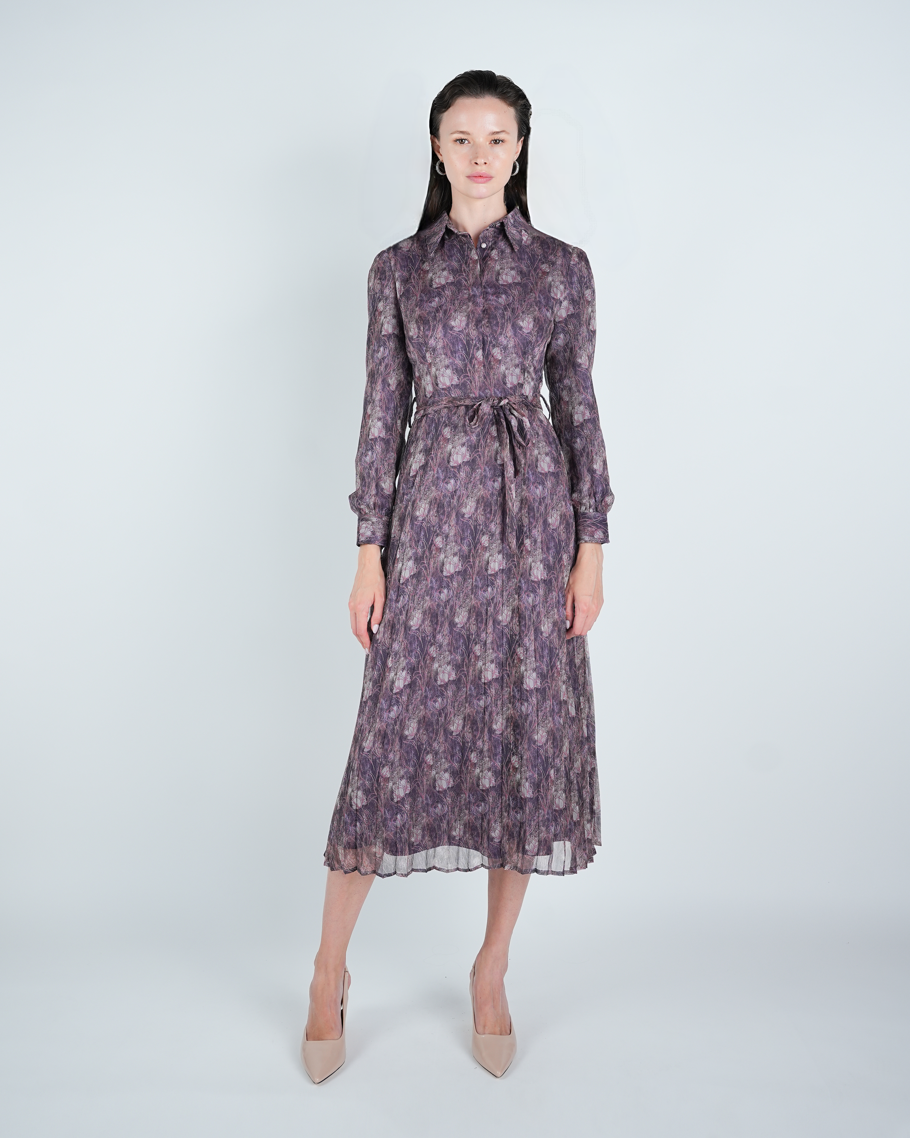 Chiffon Printed Pleated Midi Shirt Dress