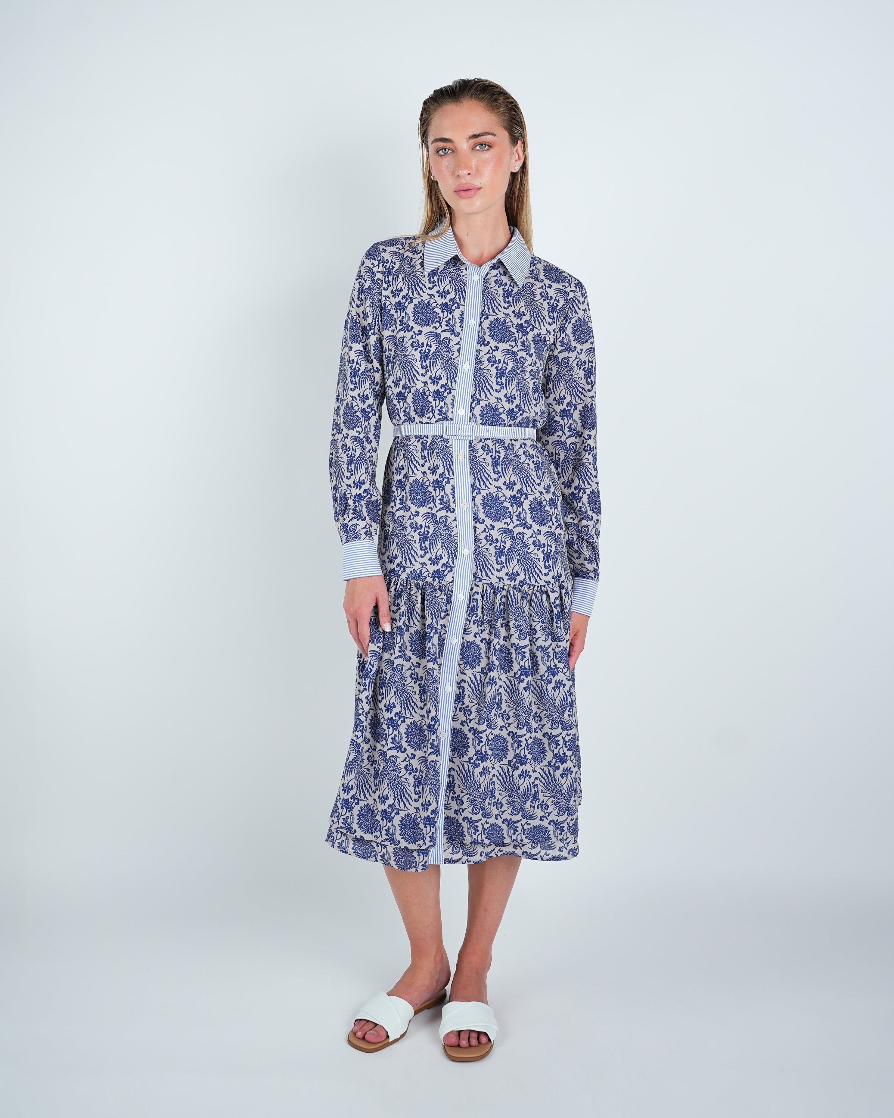 Chiffon Abstract Belted Tiered Shirt Dress