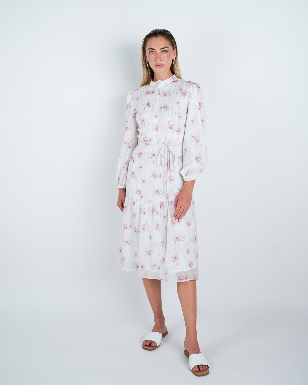 Chiffon Floral Lurex Detail Midi Dress