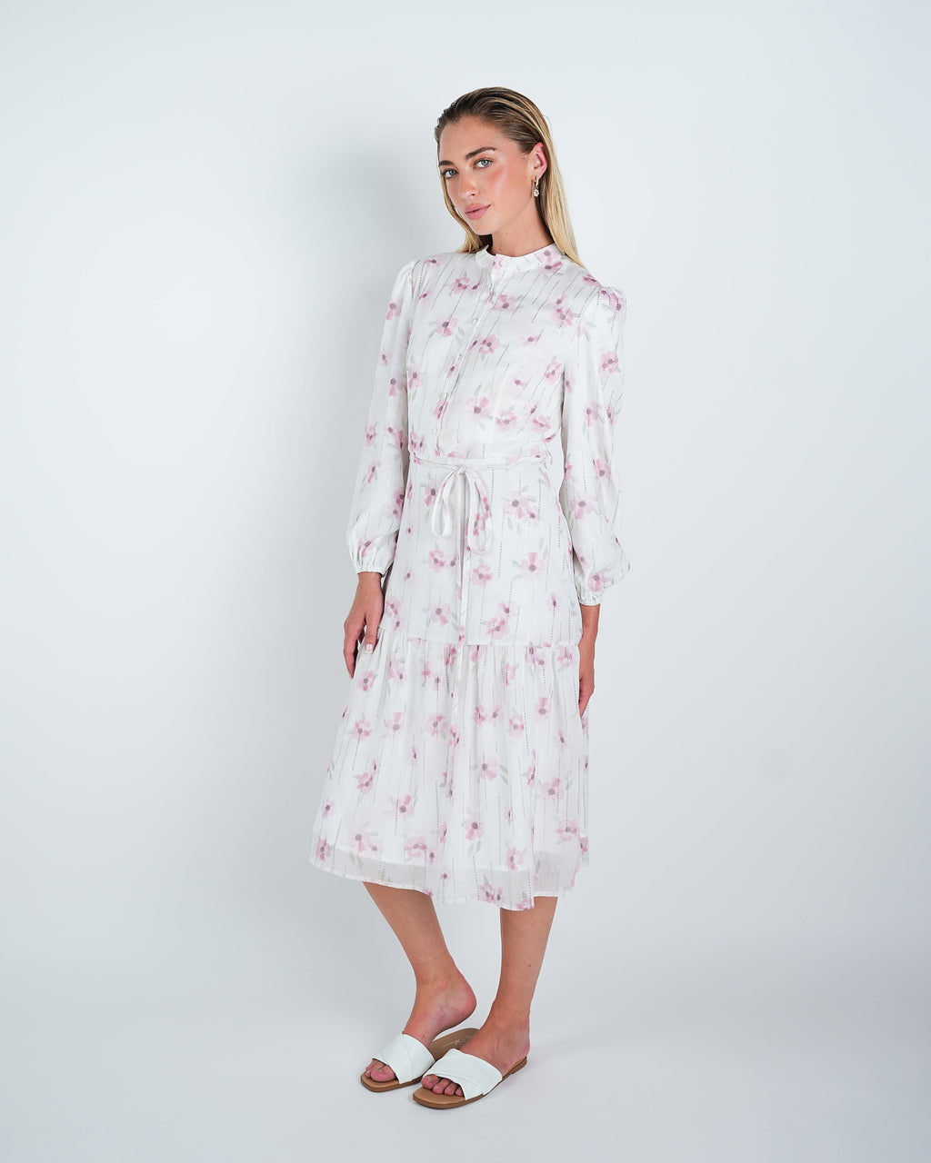 Chiffon Floral Lurex Detail Midi Dress
