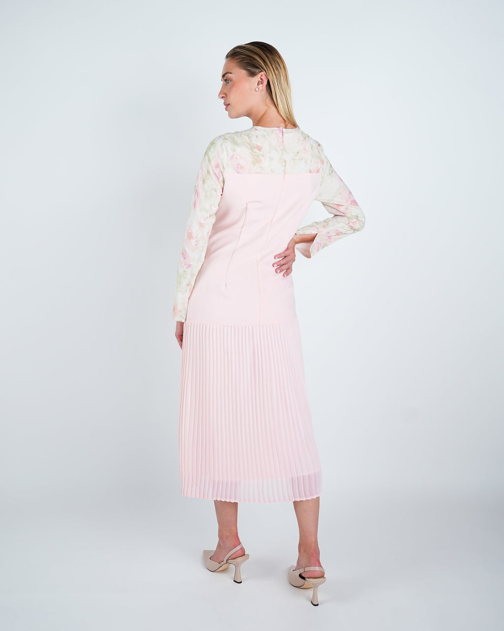 Chiffon Floral Contrast Pleated Midi Dress