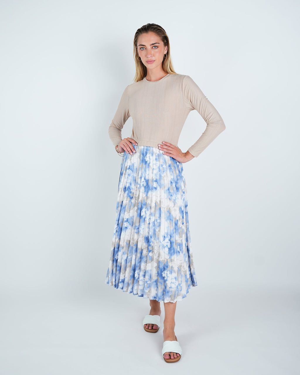 Two Tone Stretch Pleated Midi Dress