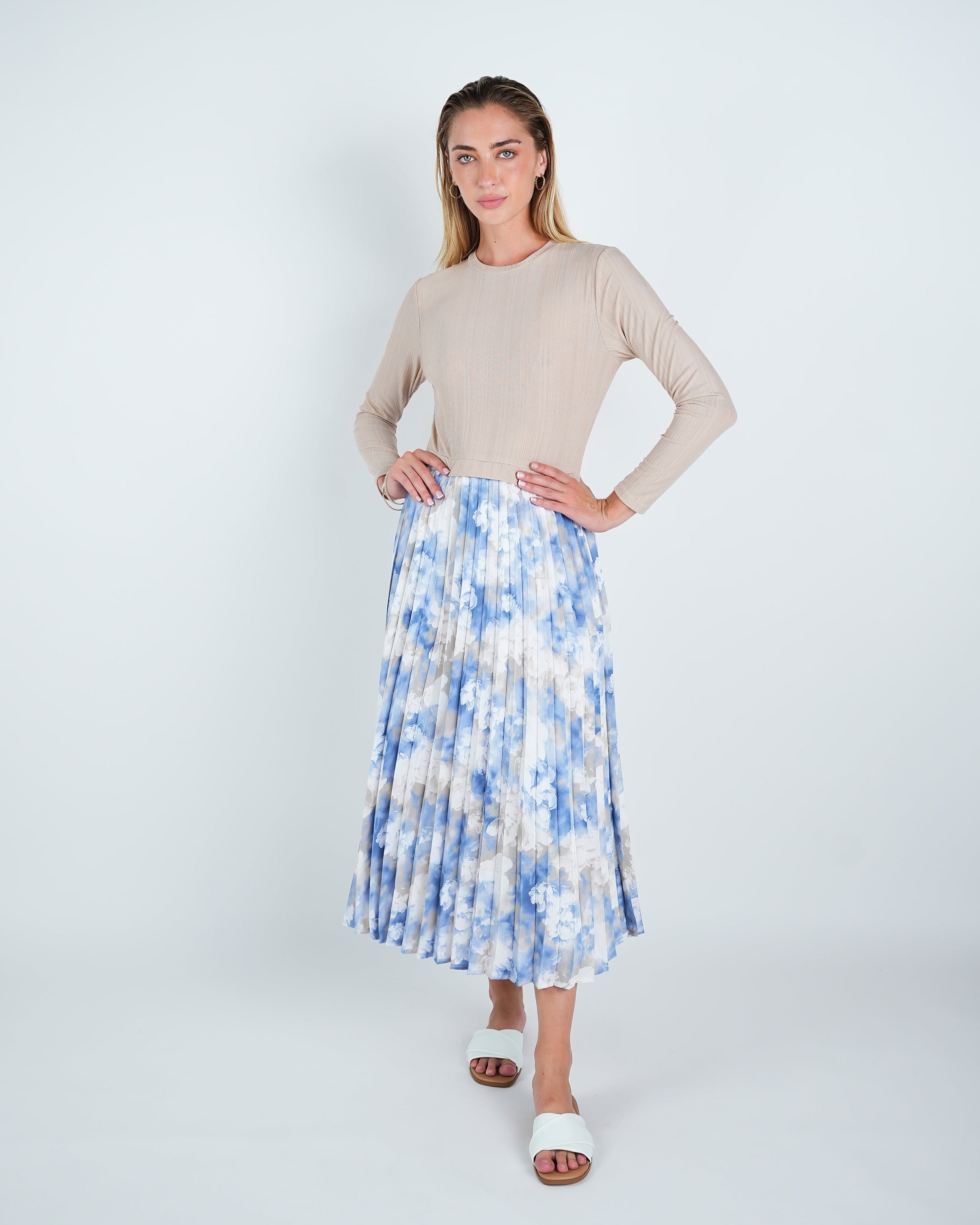 Two Tone Stretch Pleated Midi Dress