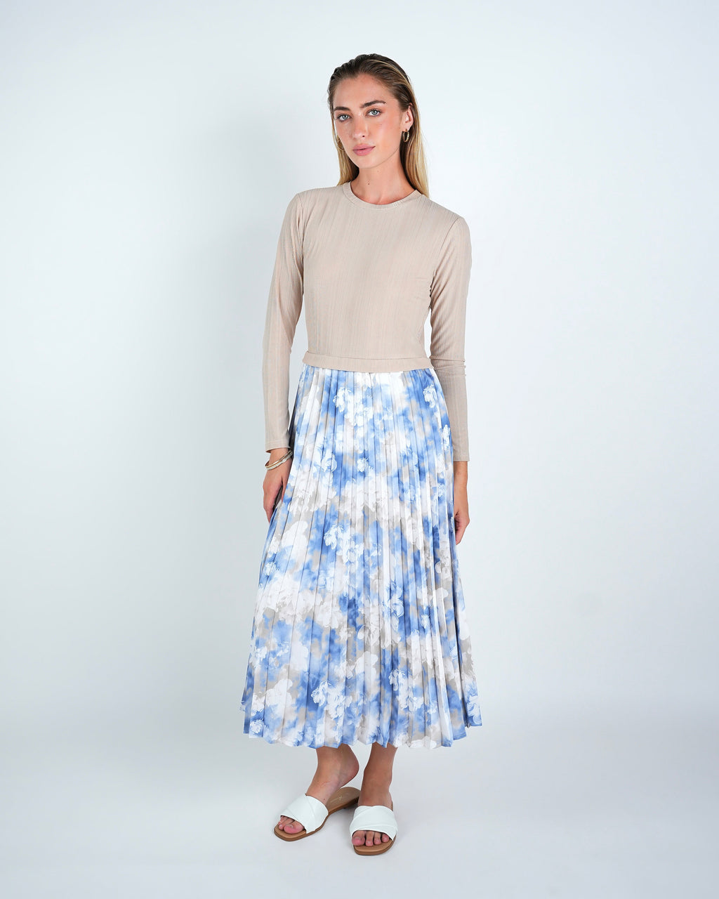 Two Tone Stretch Pleated Midi Dress