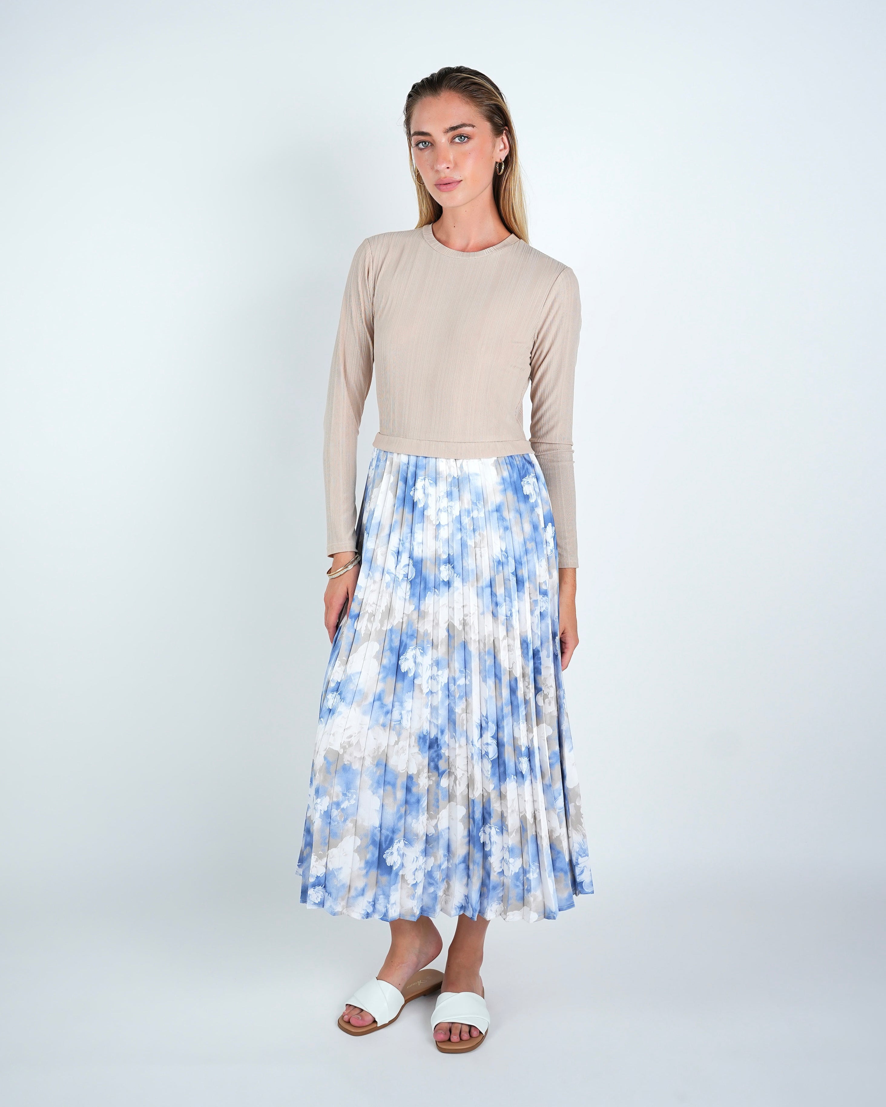 Two Tone Stretch Pleated Midi Dress