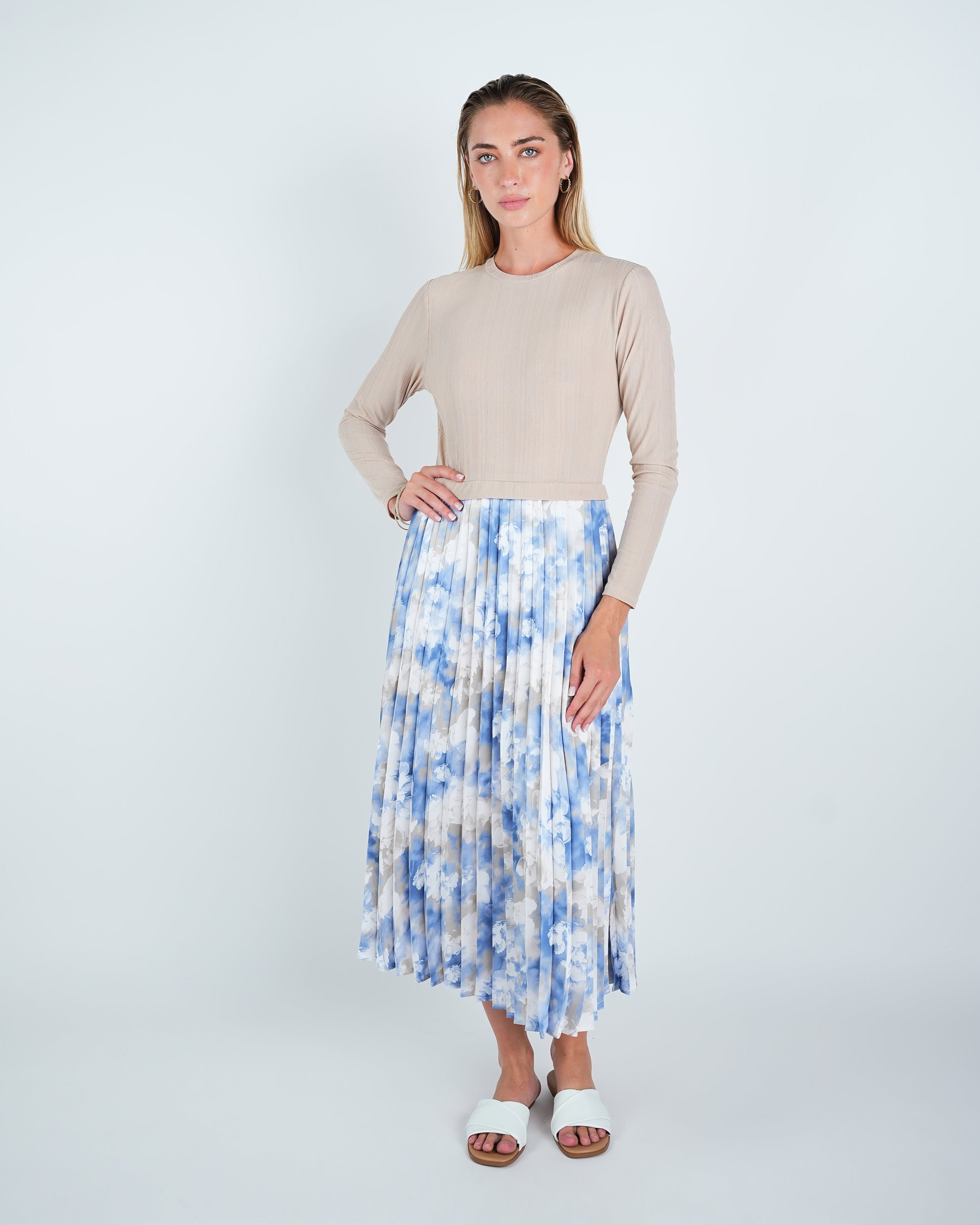 Two Tone Stretch Pleated Midi Dress