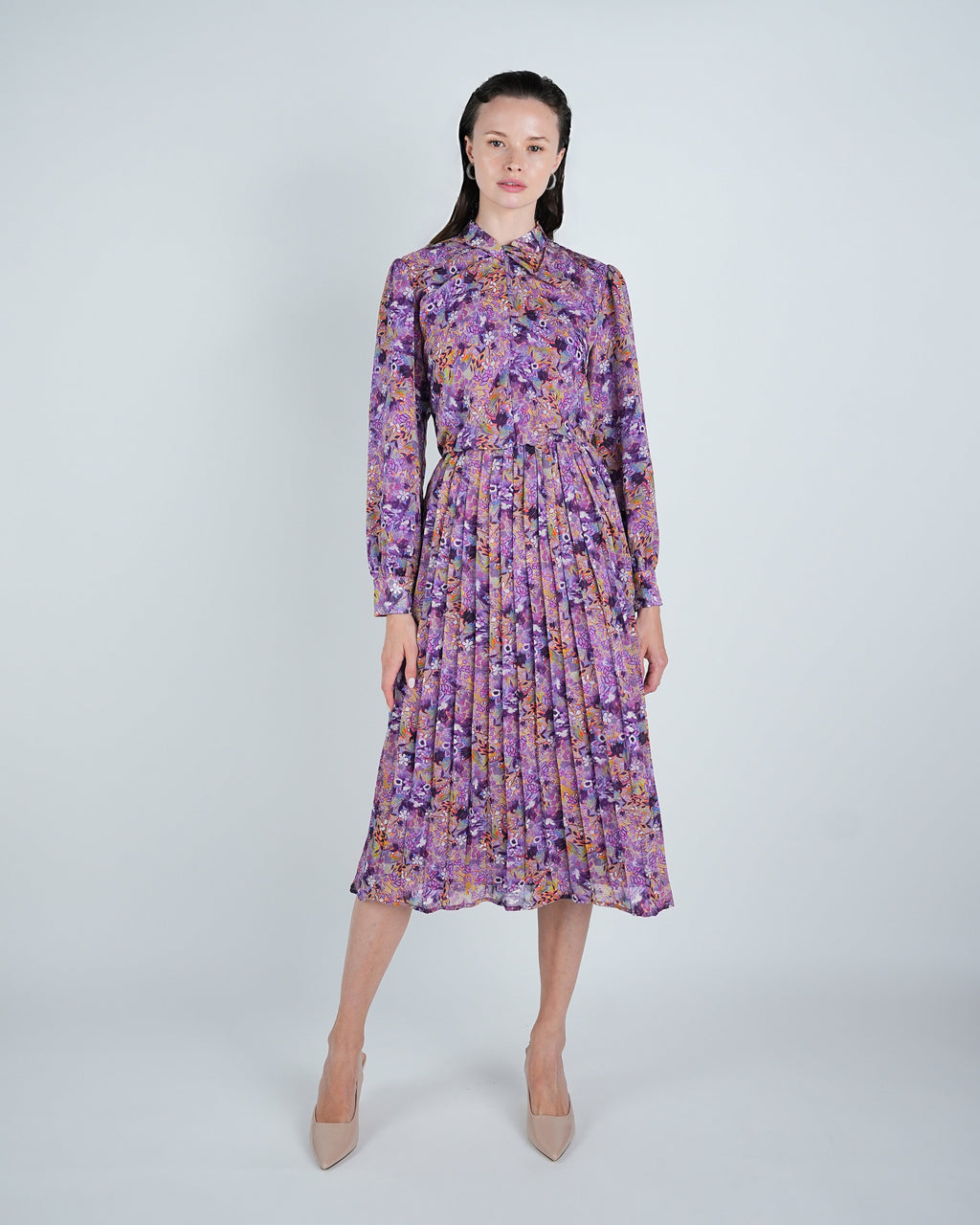 Chiffon Floral Tie Neck Pleated Midi Dress