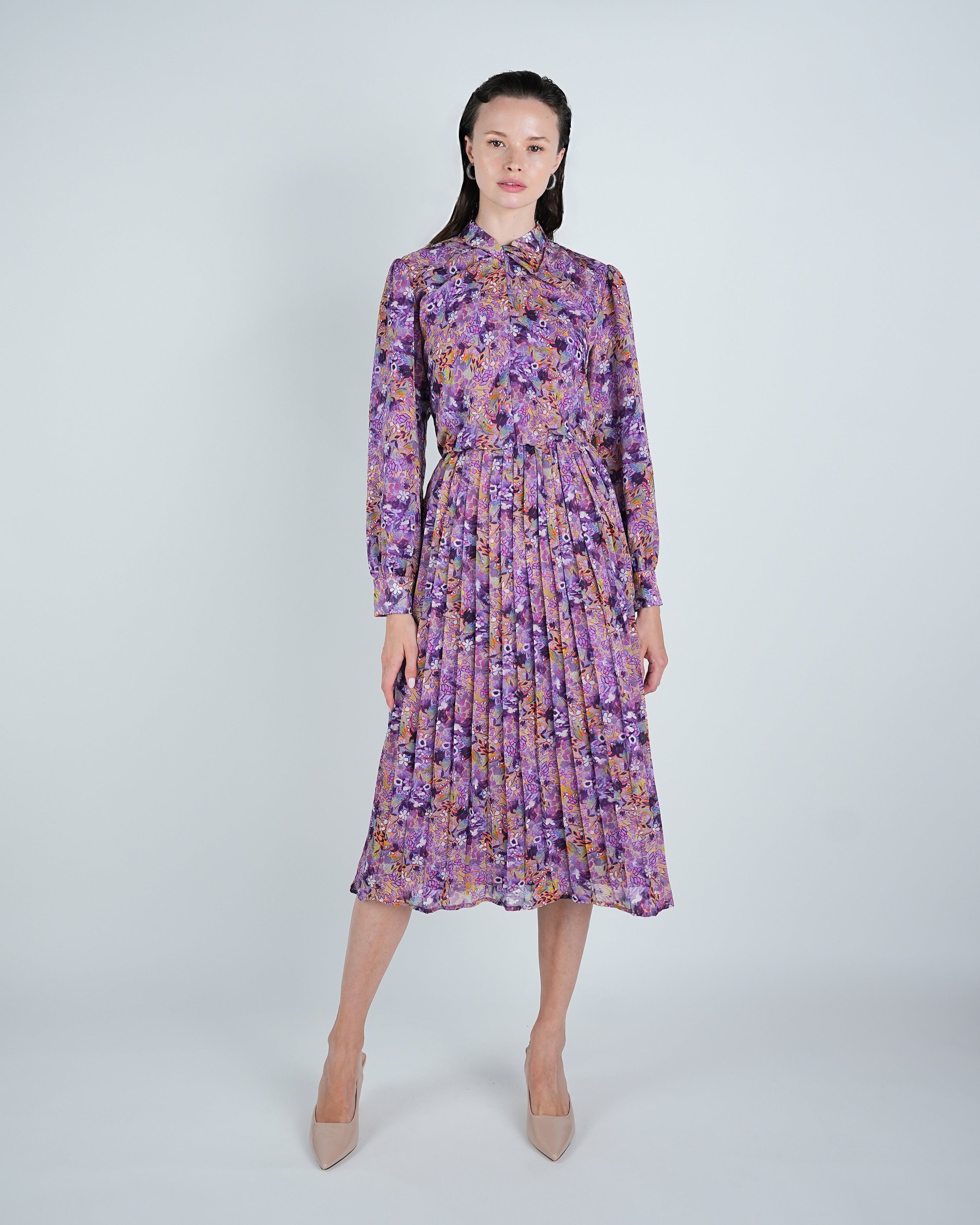 Chiffon Floral Tie Neck Pleated Midi Dress