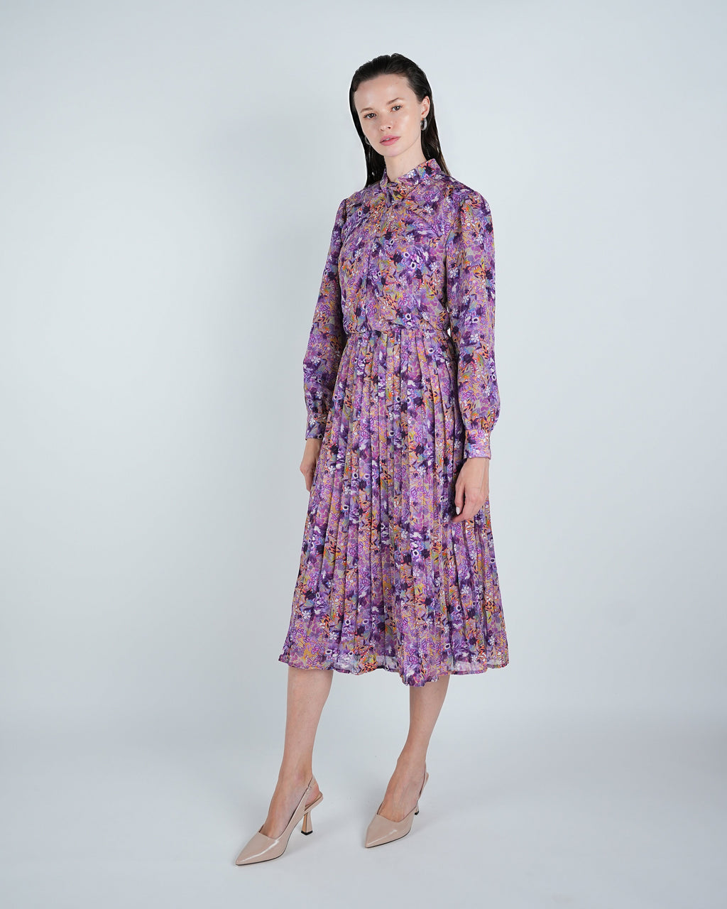 Chiffon Floral Tie Neck Pleated Midi Dress