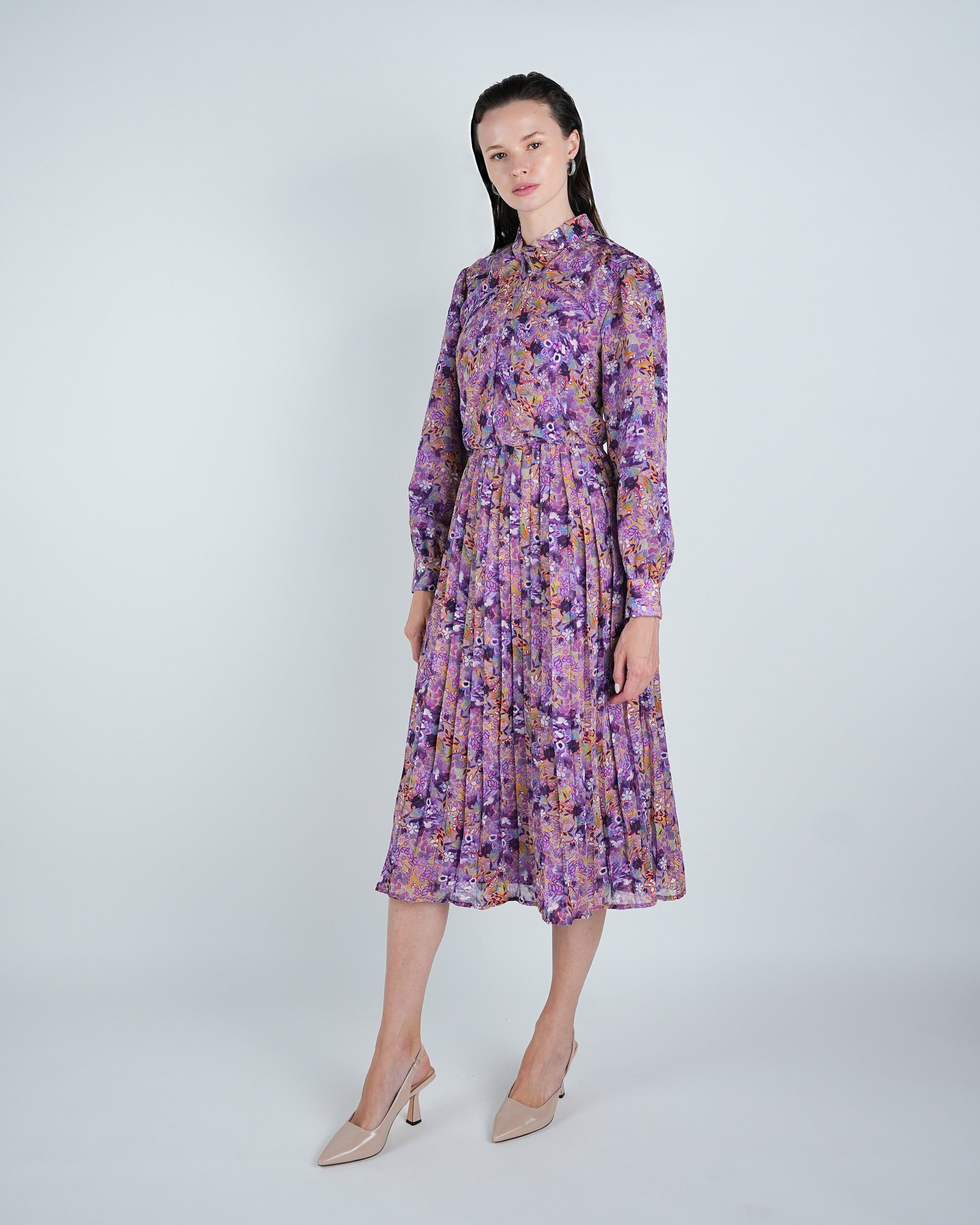 Chiffon Floral Tie Neck Pleated Midi Dress