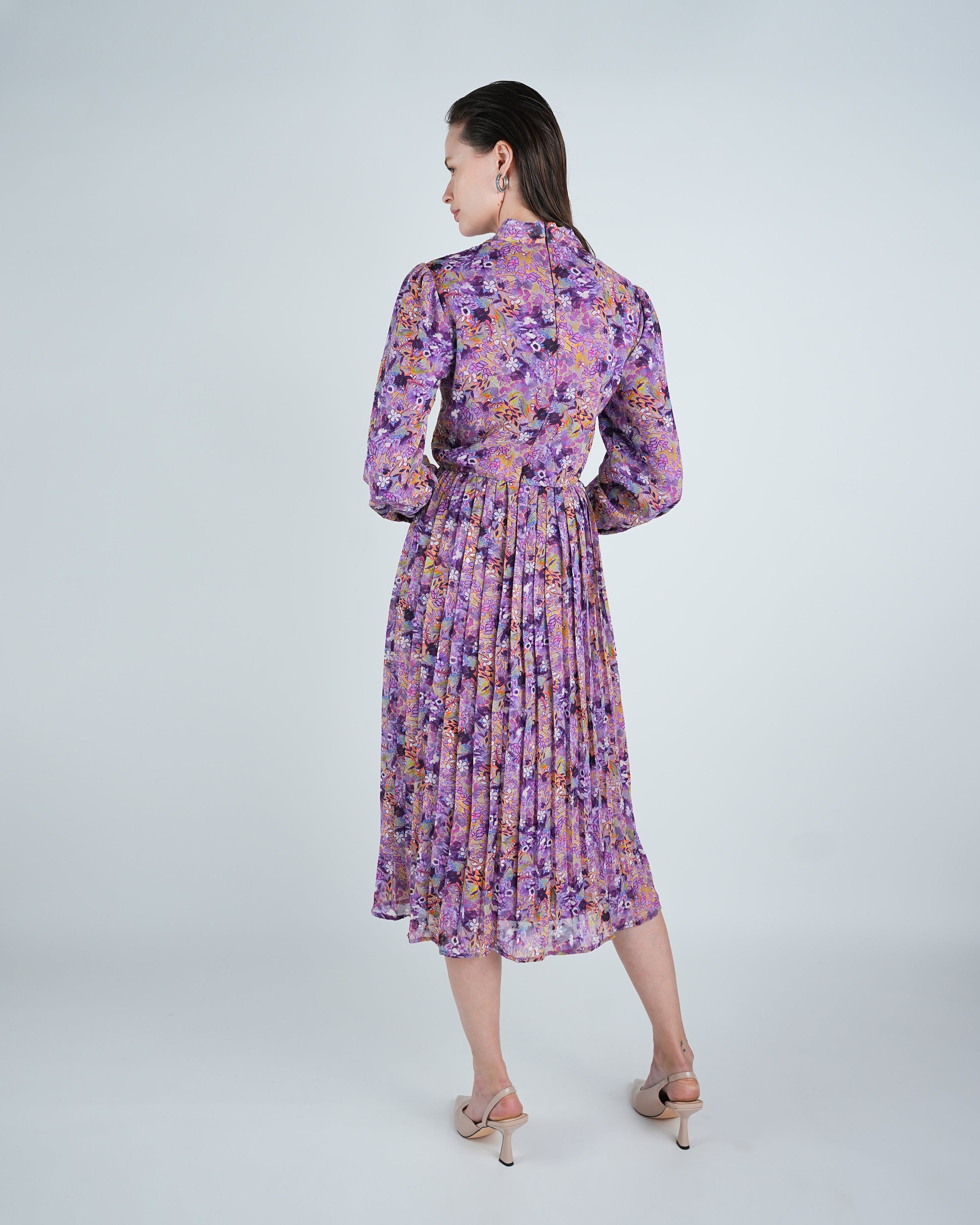 Chiffon Floral Tie Neck Pleated Midi Dress