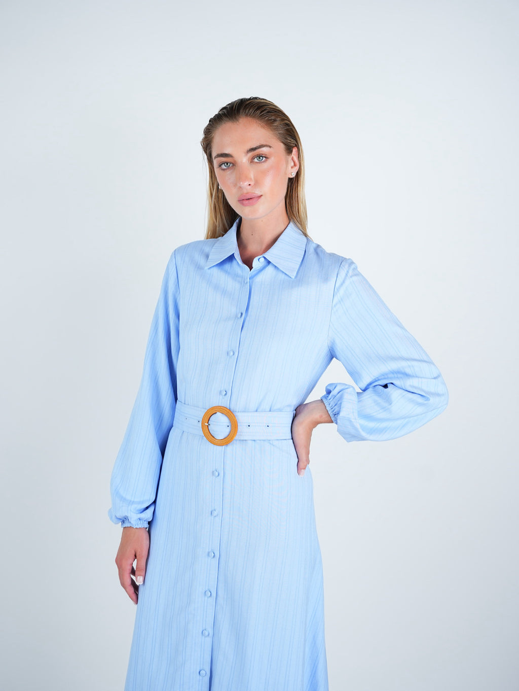 Striped Buttoned Belted Midi Dress