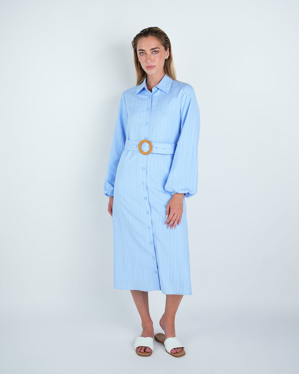 Striped Buttoned Belted Midi Dress