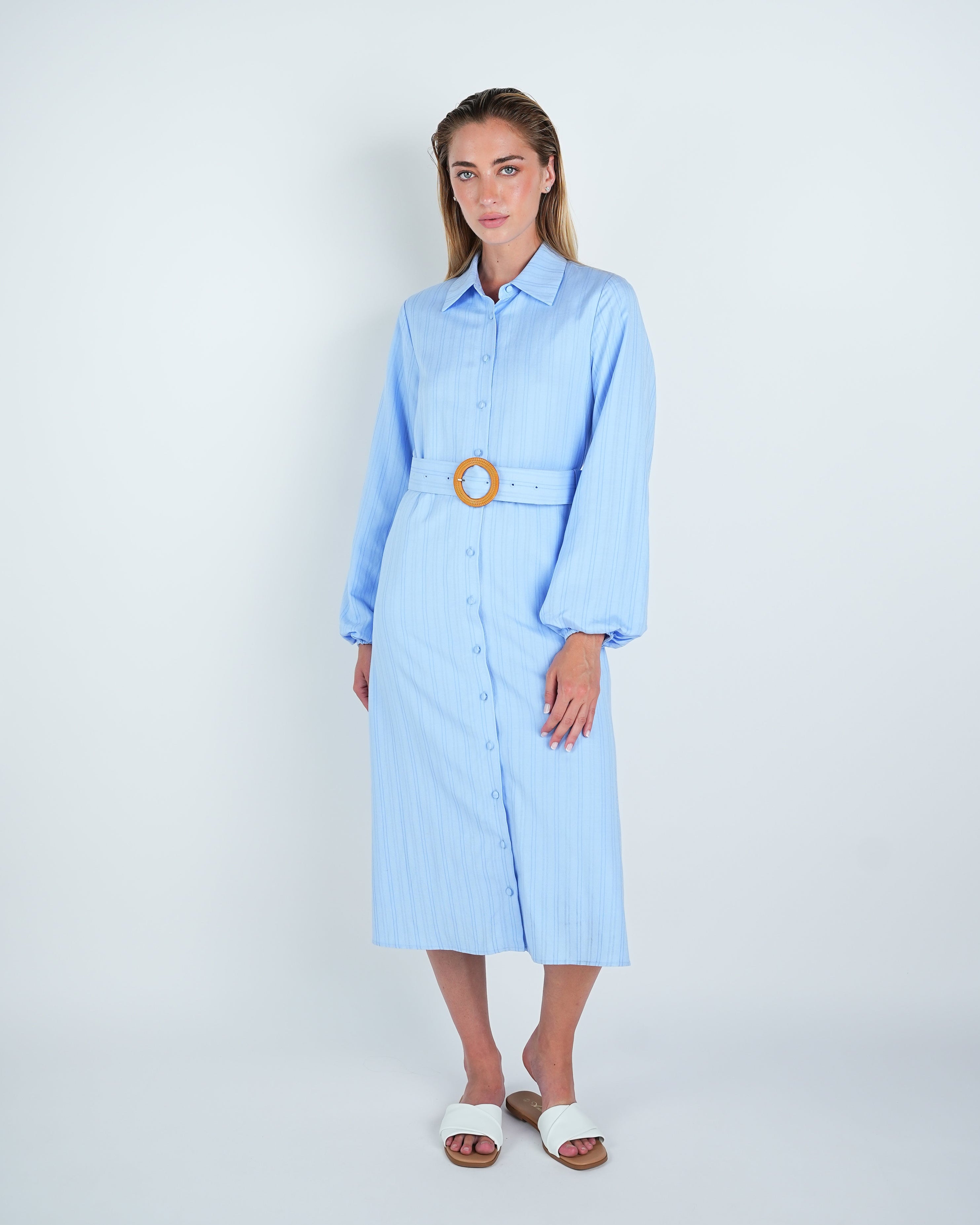 Striped Buttoned Belted Midi Dress