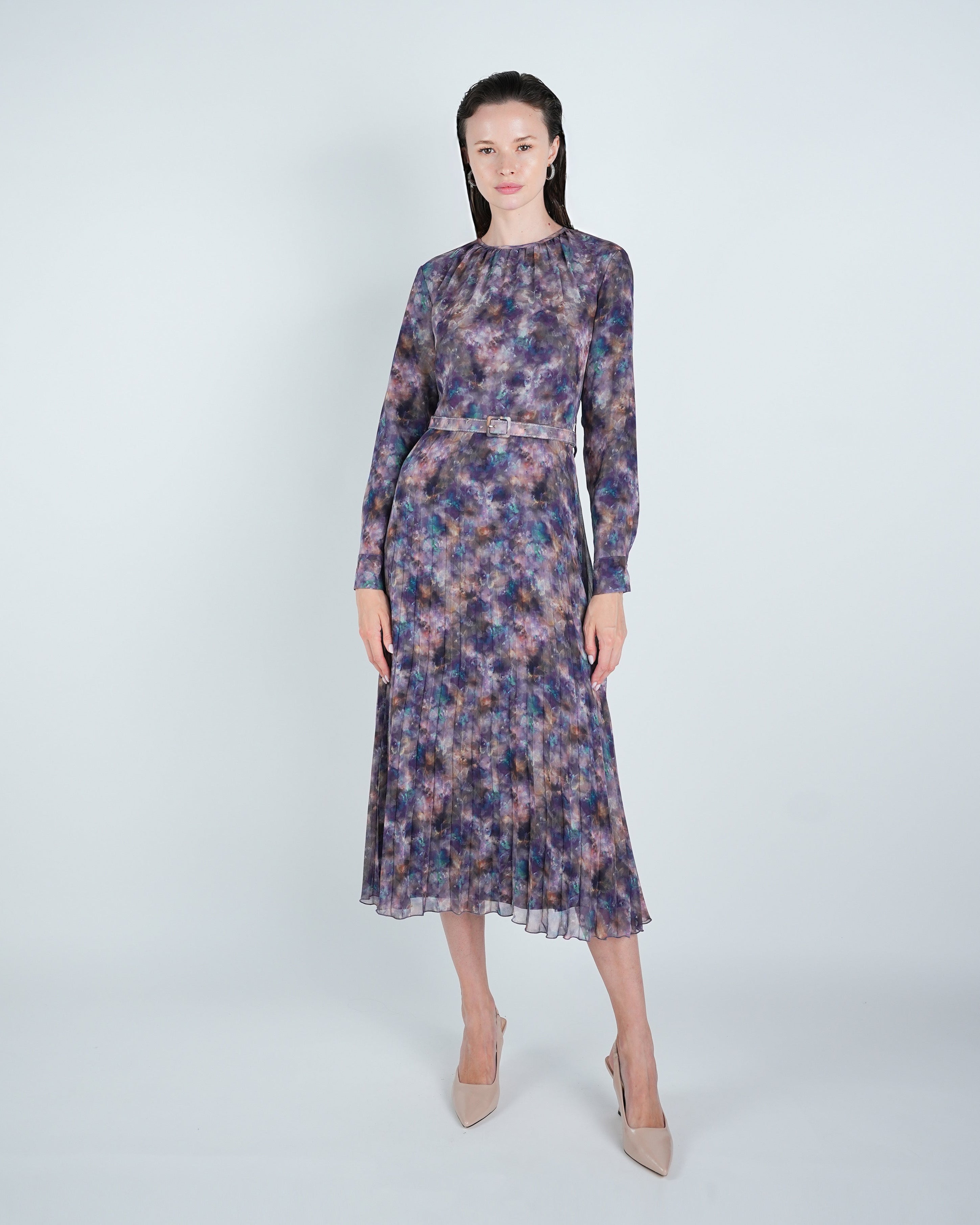 Chiffon Water Color Pleated Midi Dress