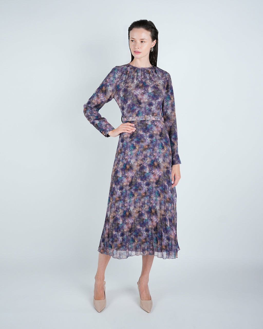 Chiffon Water Color Pleated Midi Dress