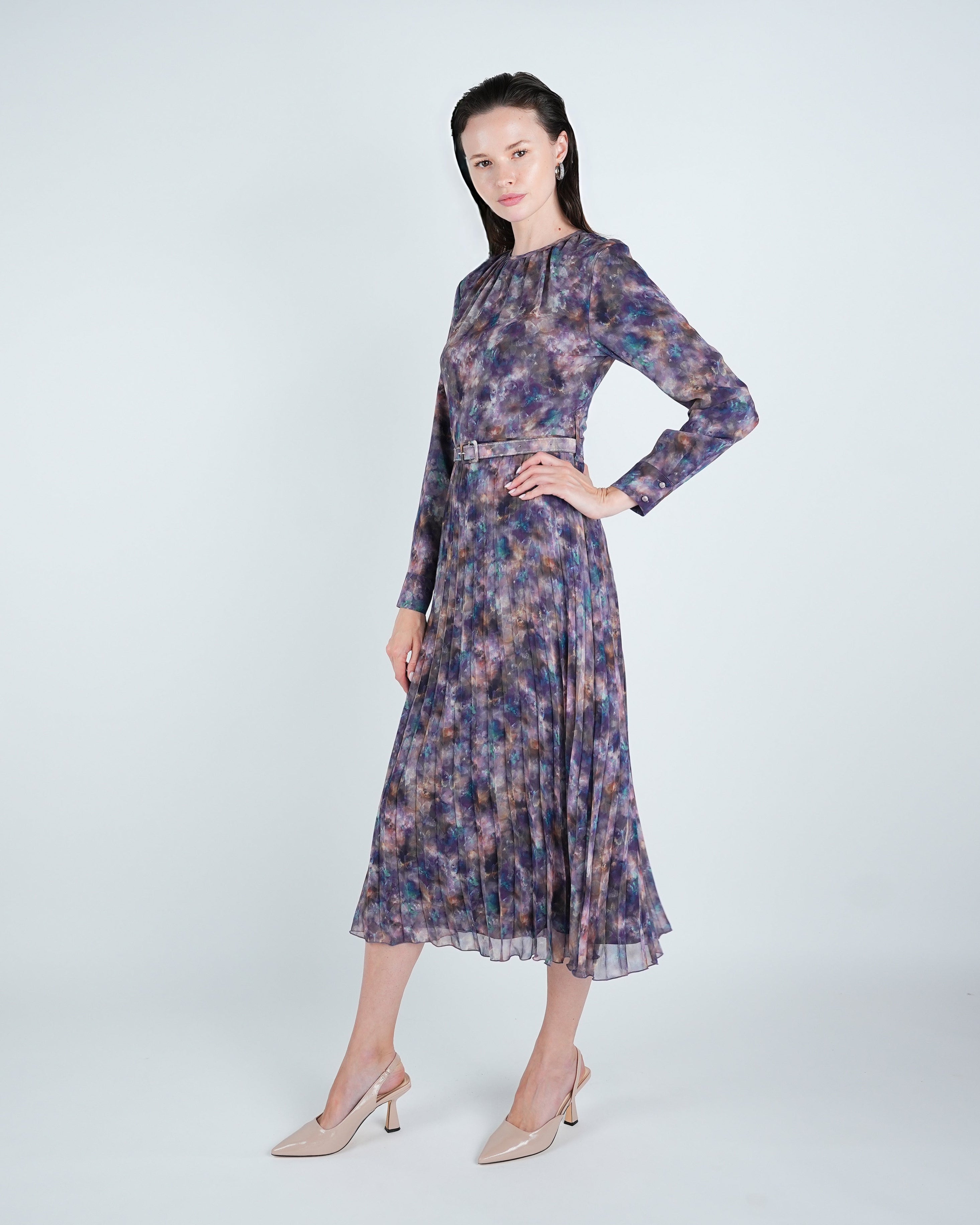 Chiffon Water Color Pleated Midi Dress
