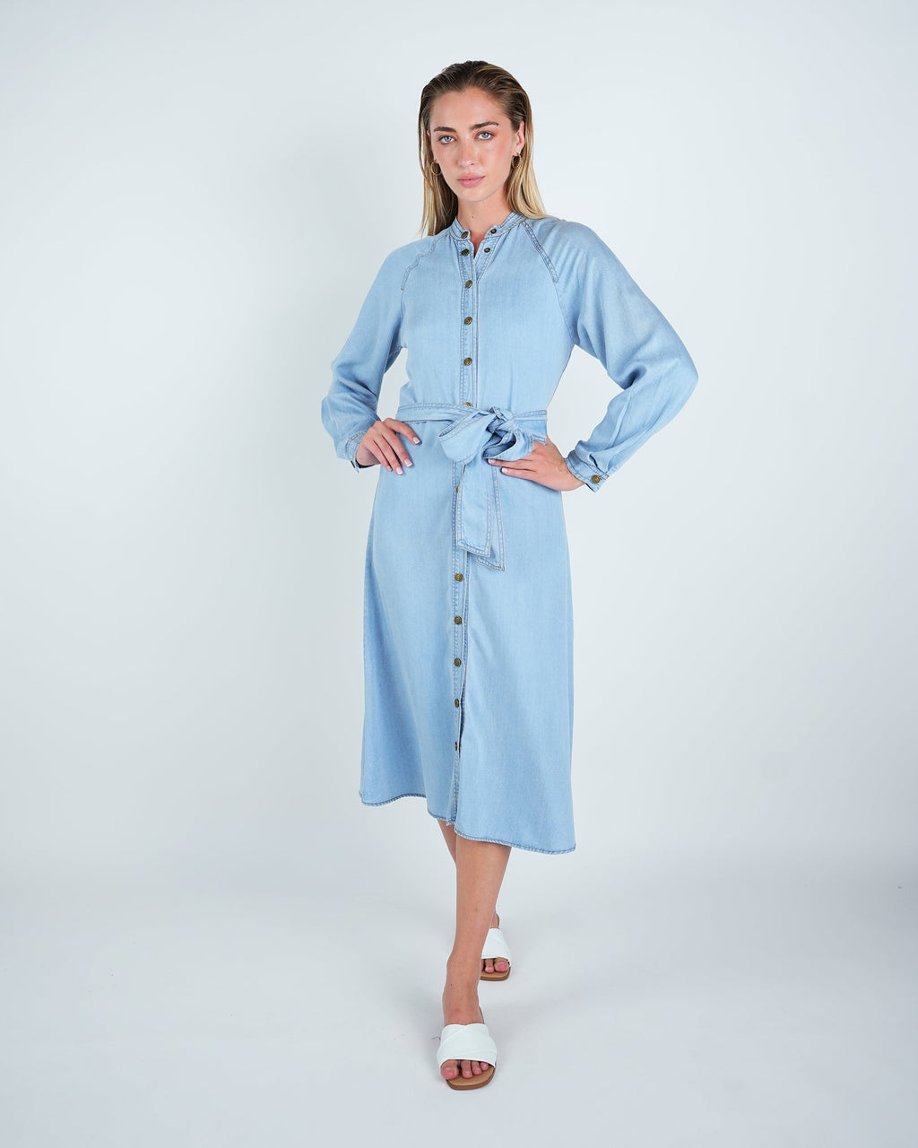 Denim Look Buttoned Belted Midi Dress
