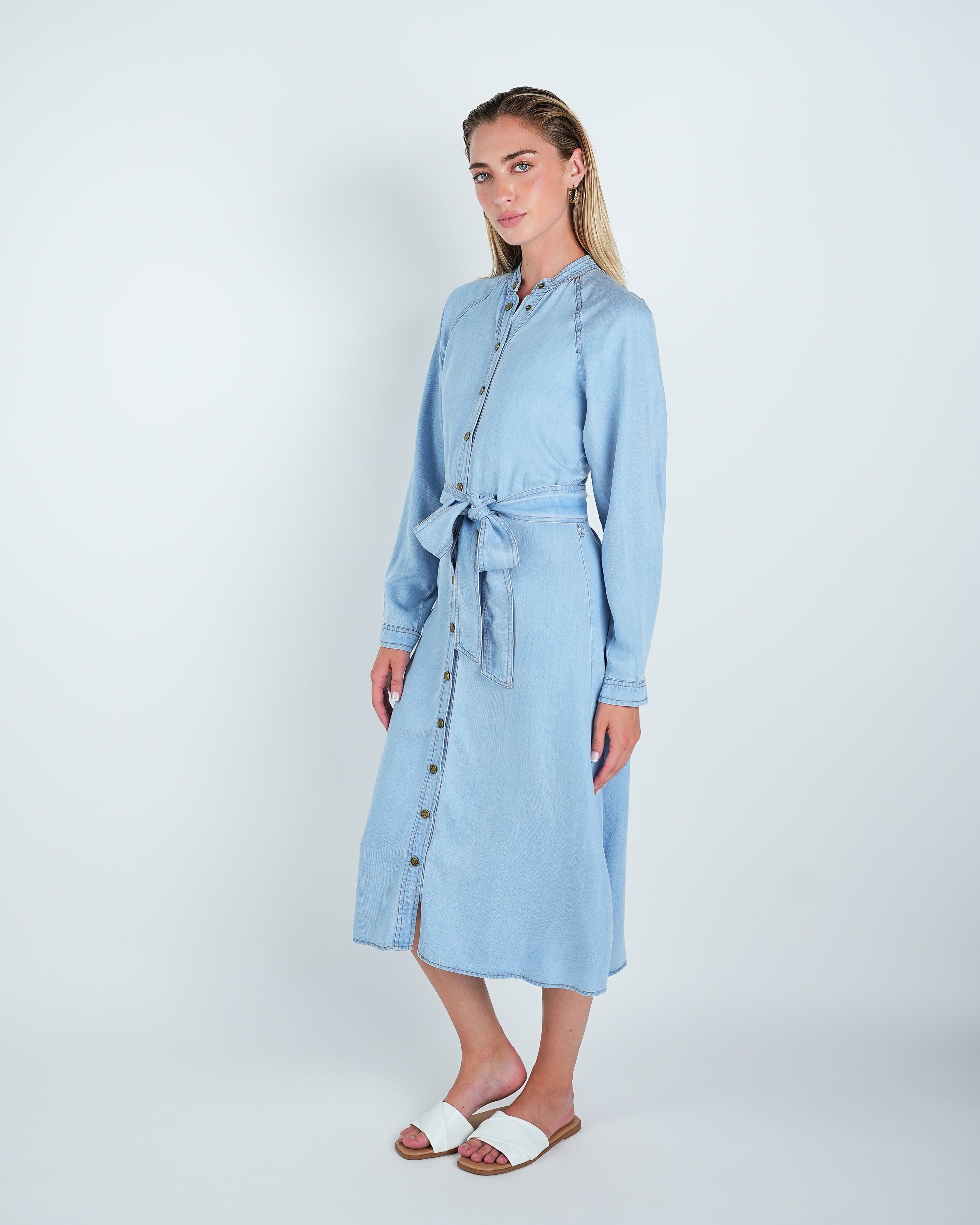 Denim Look Buttoned Belted Midi Dress