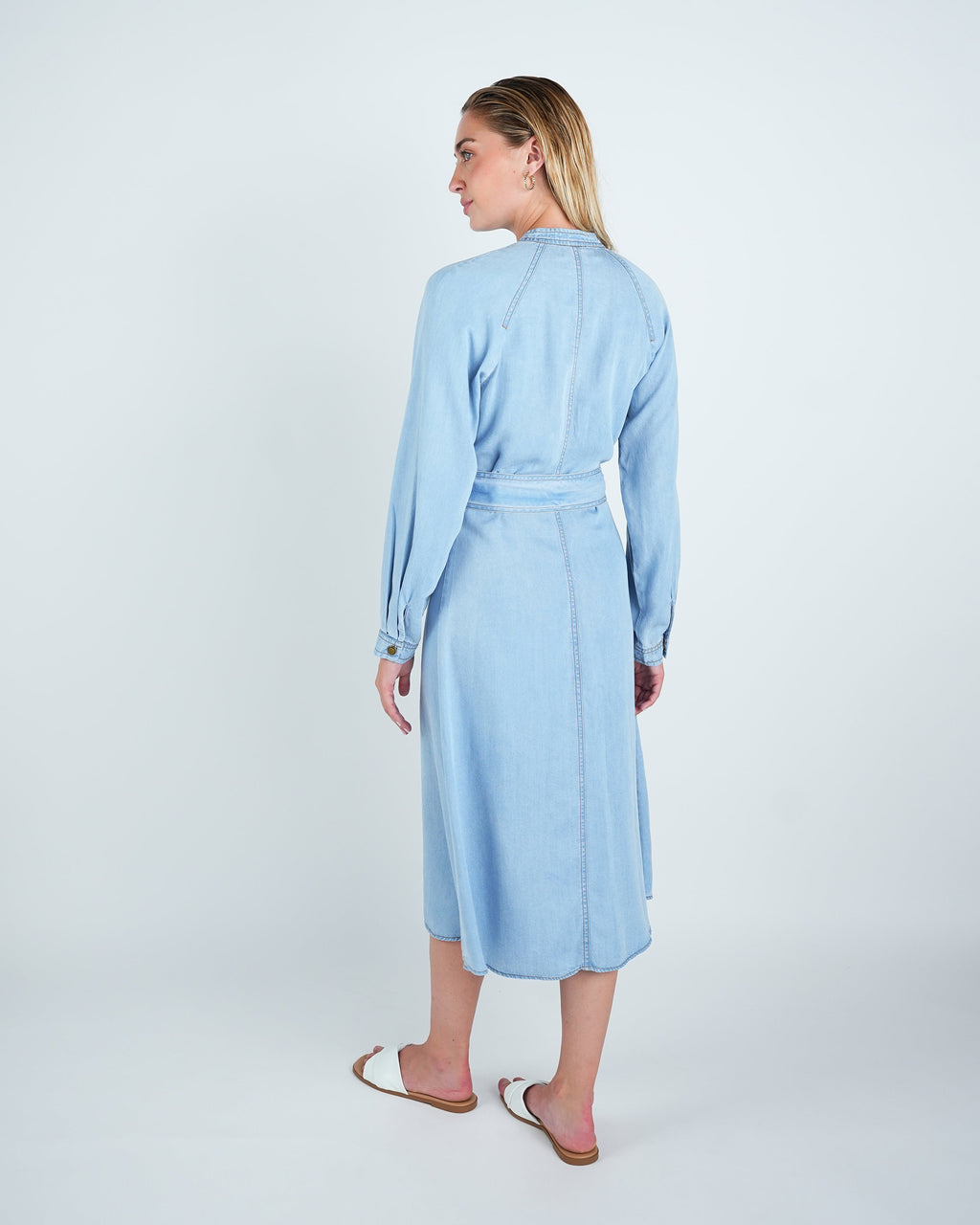 Denim Look Buttoned Belted Midi Dress