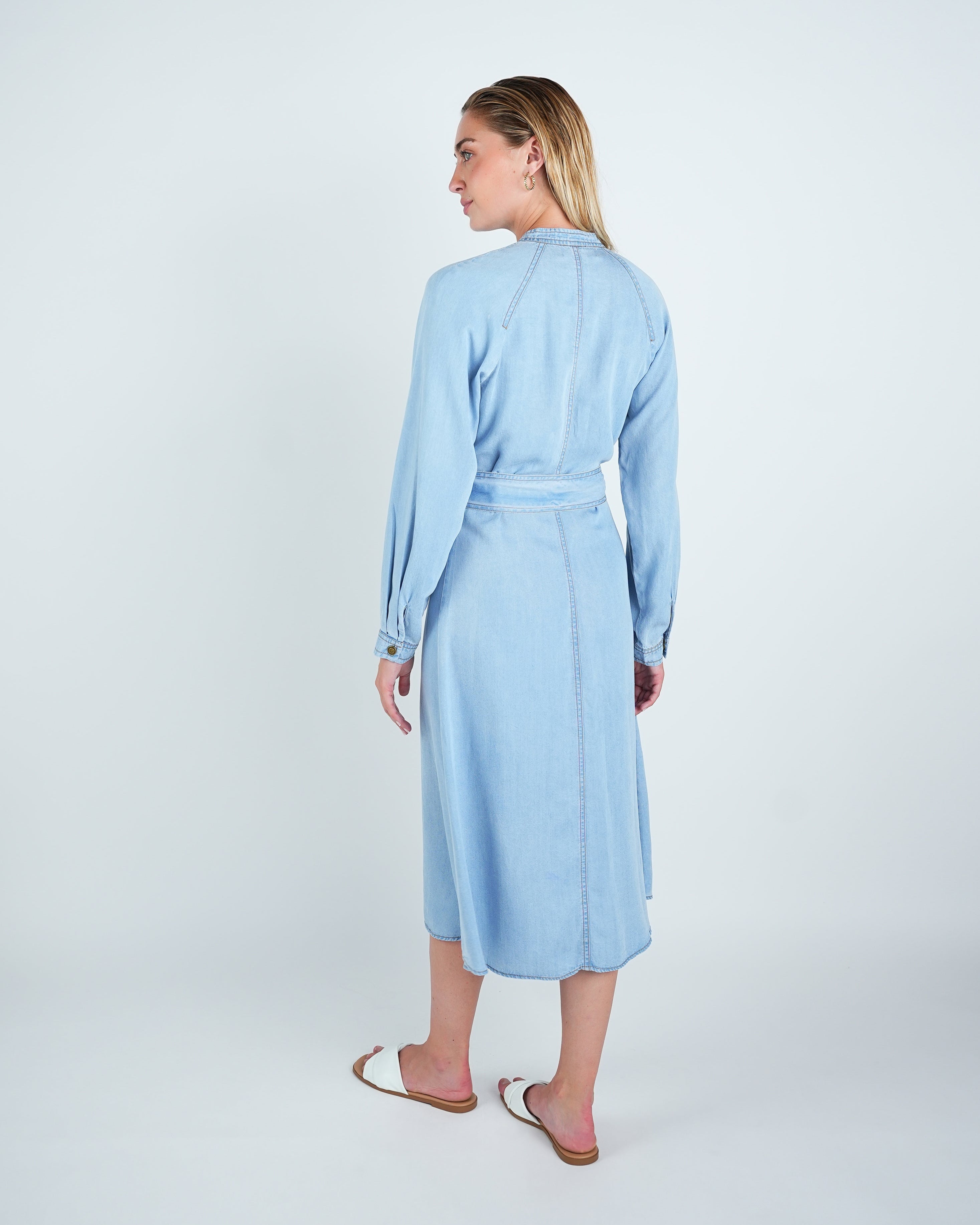 Denim Look Buttoned Belted Midi Dress