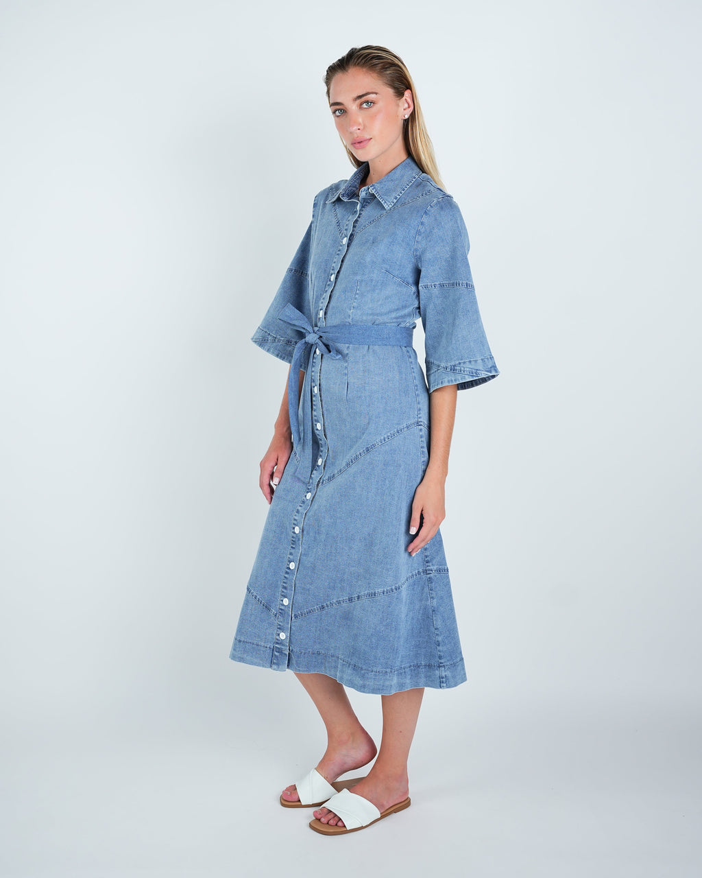 Denim Panel Belted Midi Dress