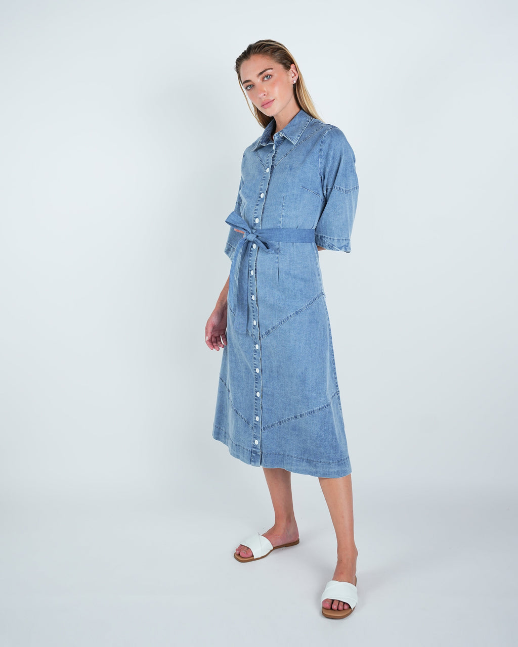 Denim Panel Belted Midi Dress