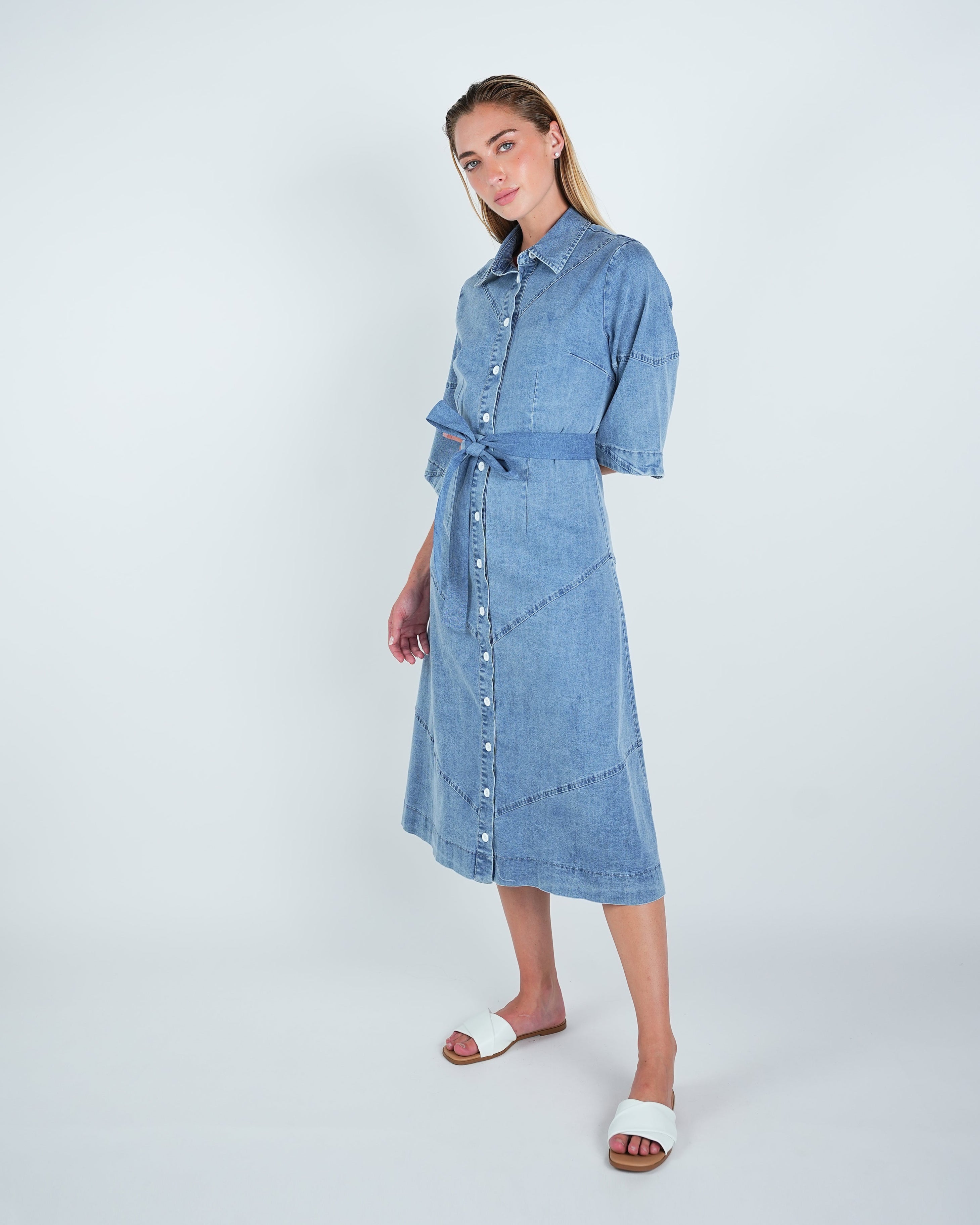 Denim Panel Belted Midi Dress