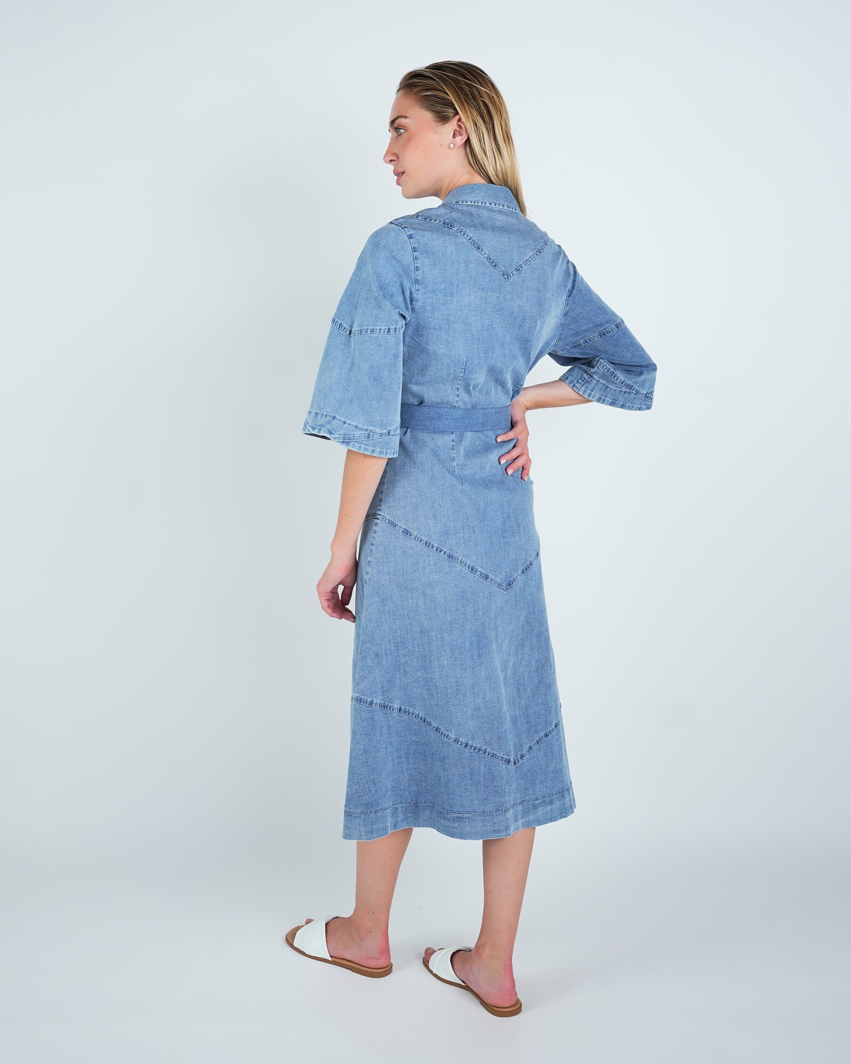 Denim Panel Belted Midi Dress