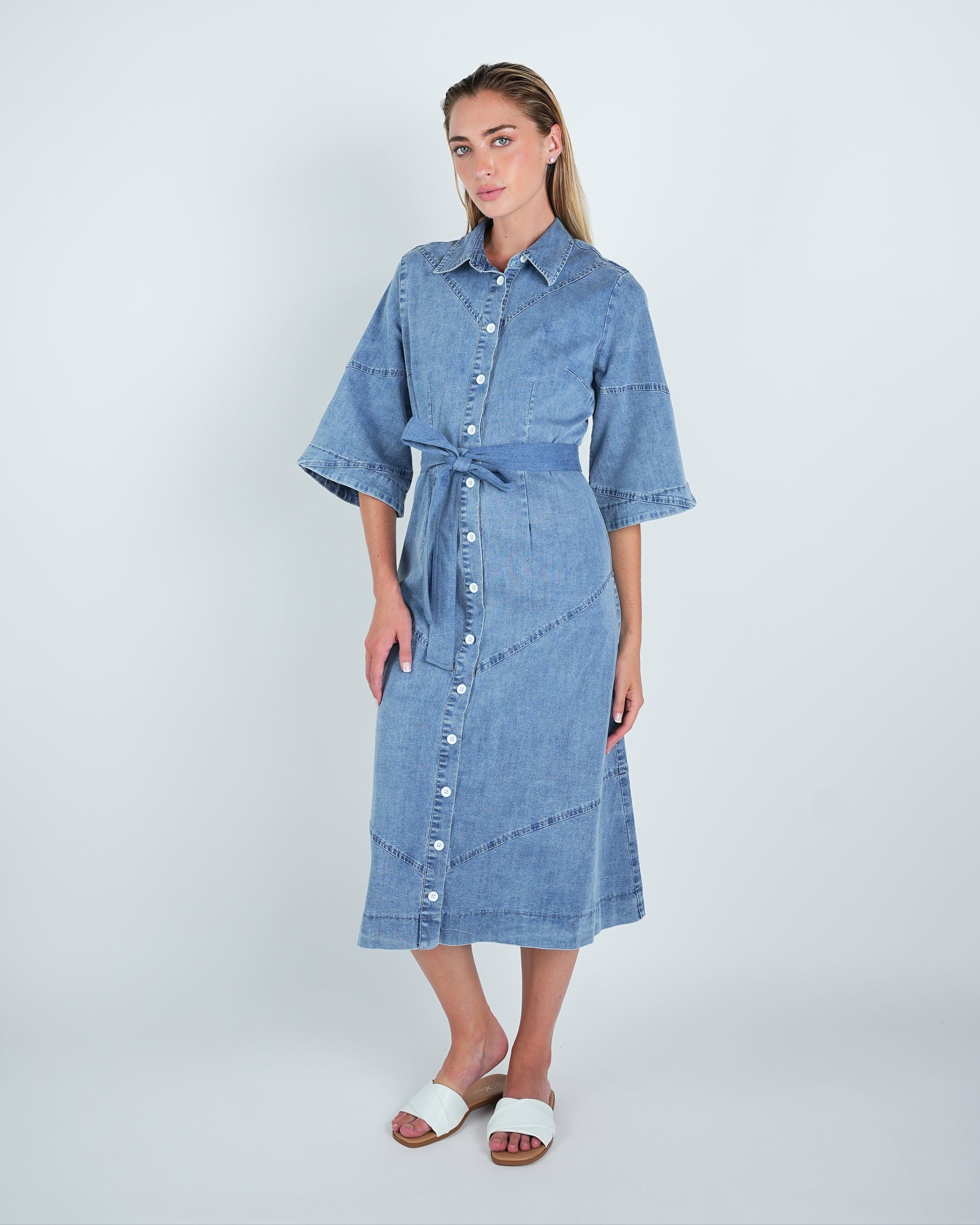 Denim Panel Belted Midi Dress