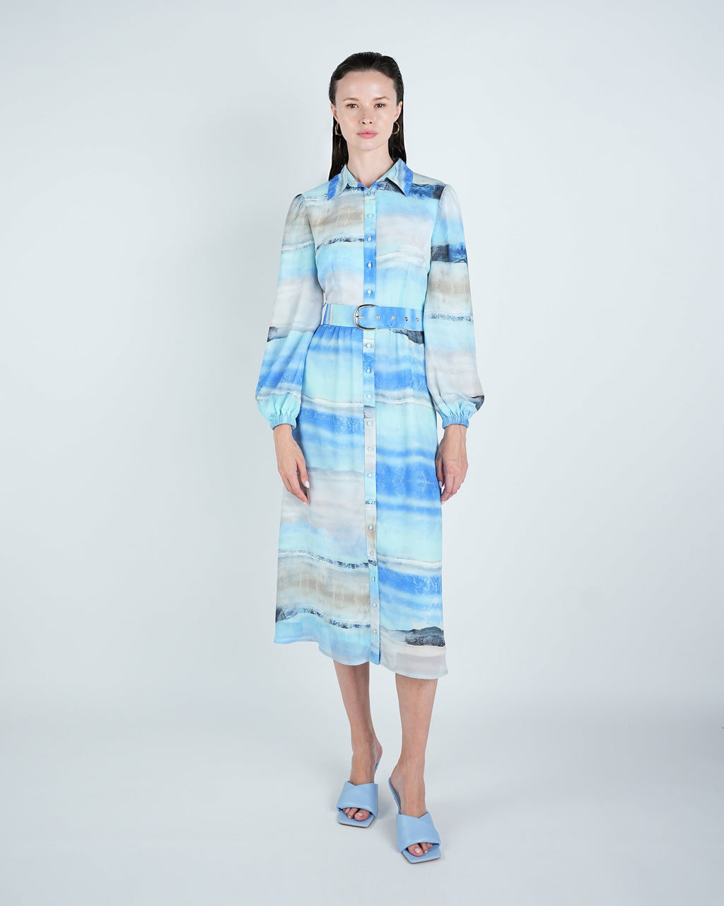 Chiffon Abstract Wave Belted Shirt Dress