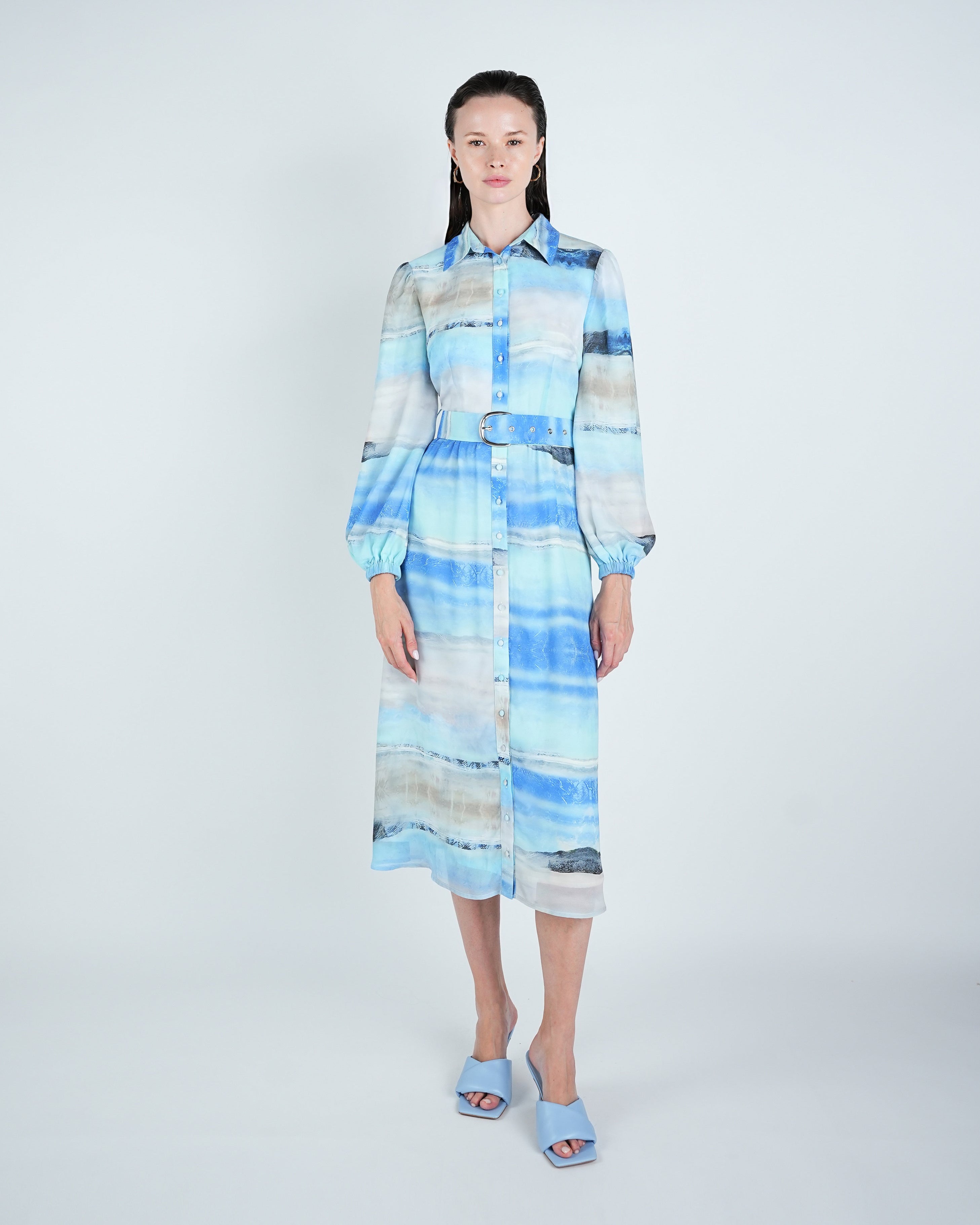 Chiffon Abstract Wave Belted Shirt Dress