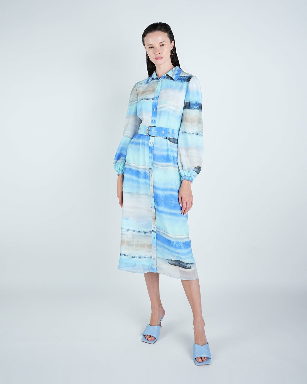 Chiffon Abstract Wave Belted Shirt Dress