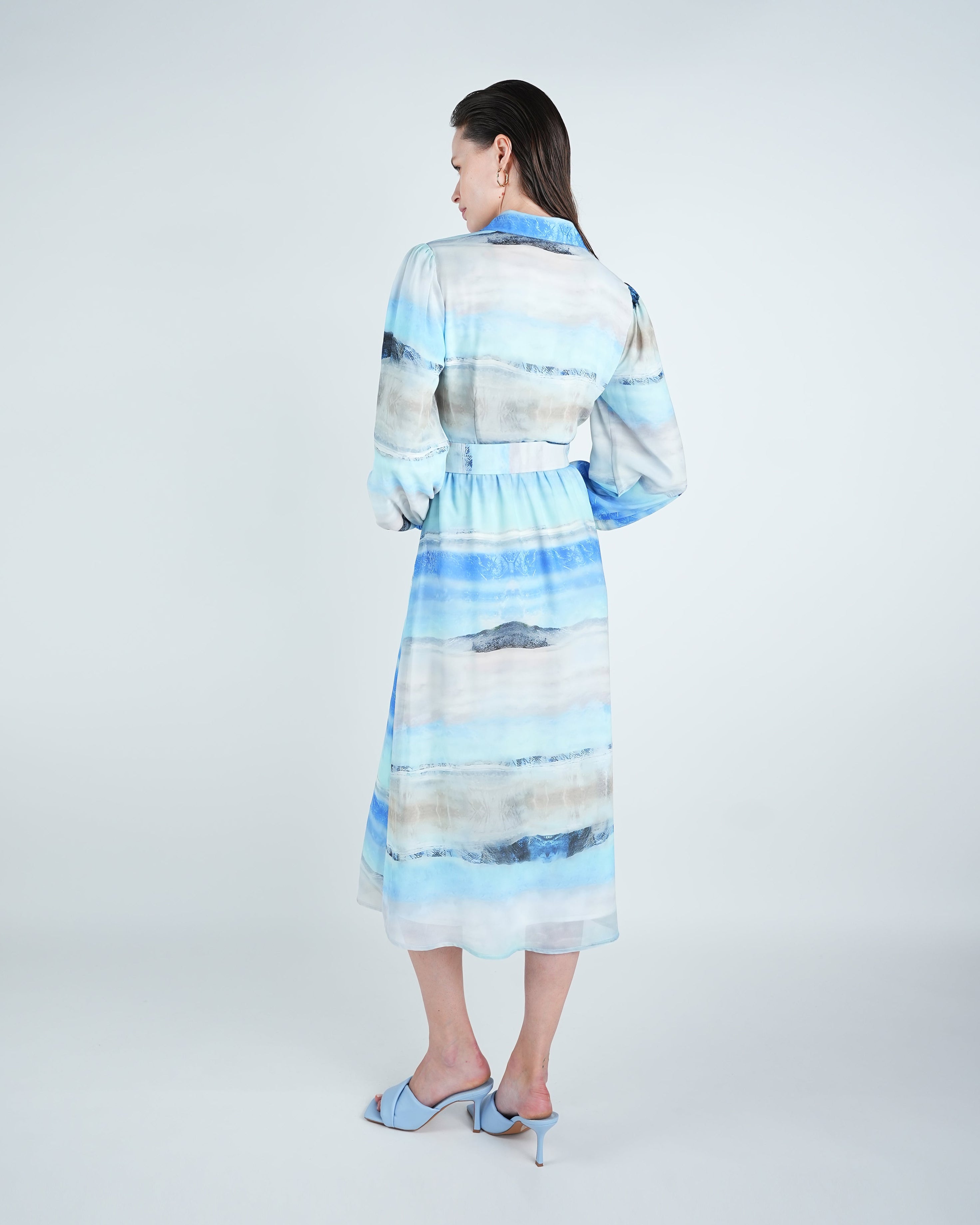 Chiffon Abstract Wave Belted Shirt Dress
