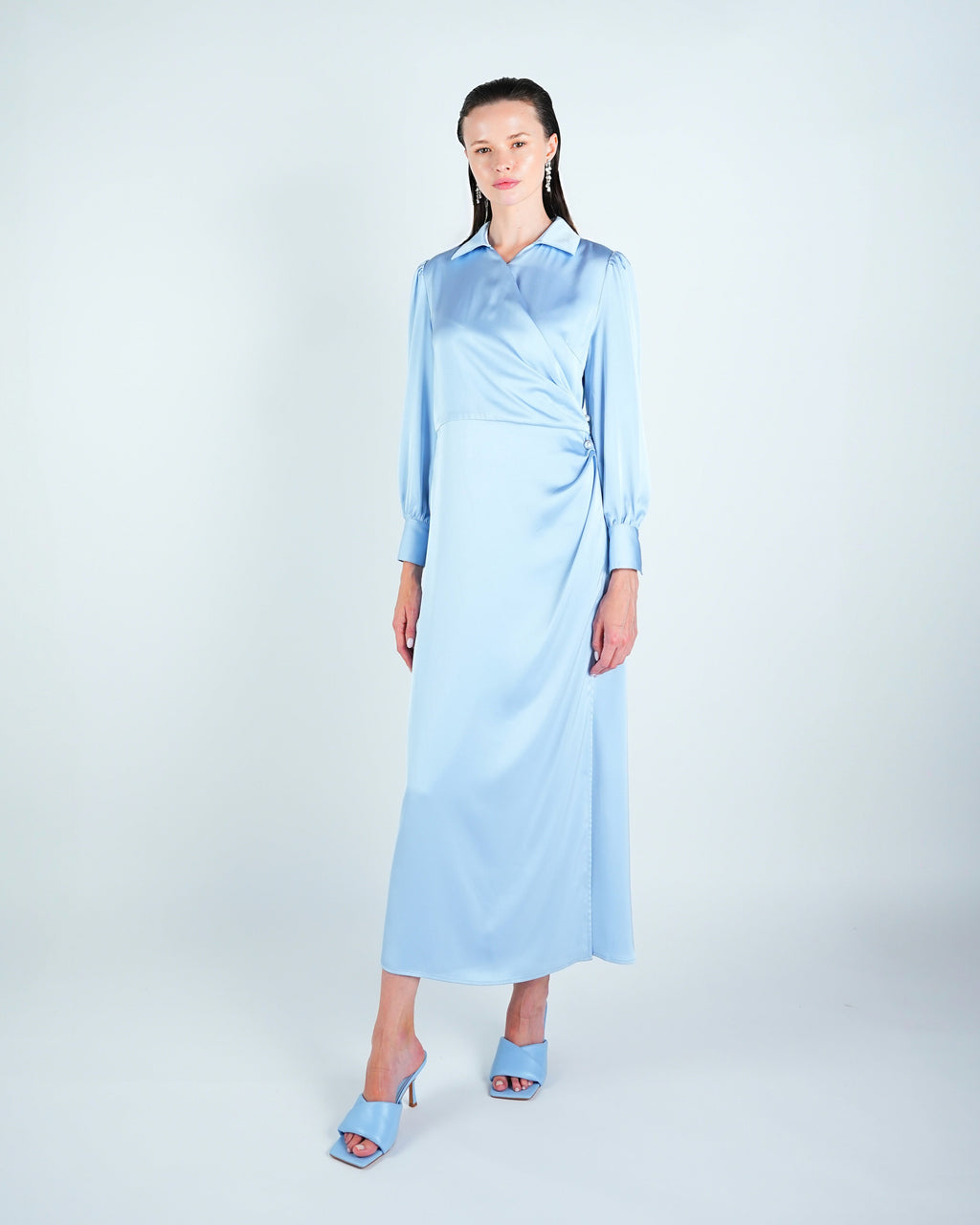 Satin Wrap Pearl Detail Maxi Dress