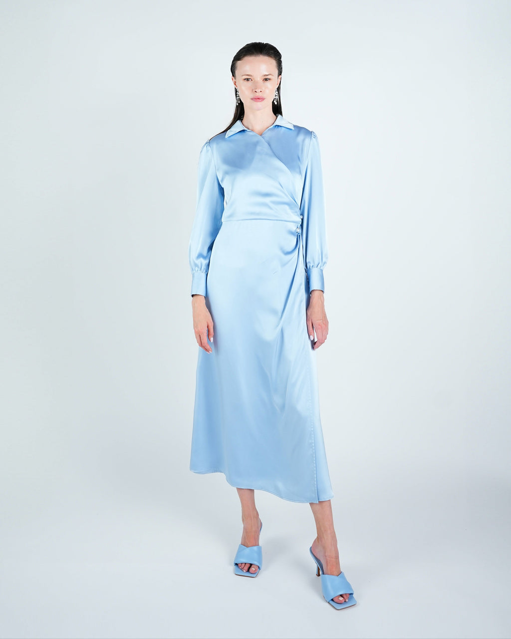 Satin Wrap Pearl Detail Maxi Dress