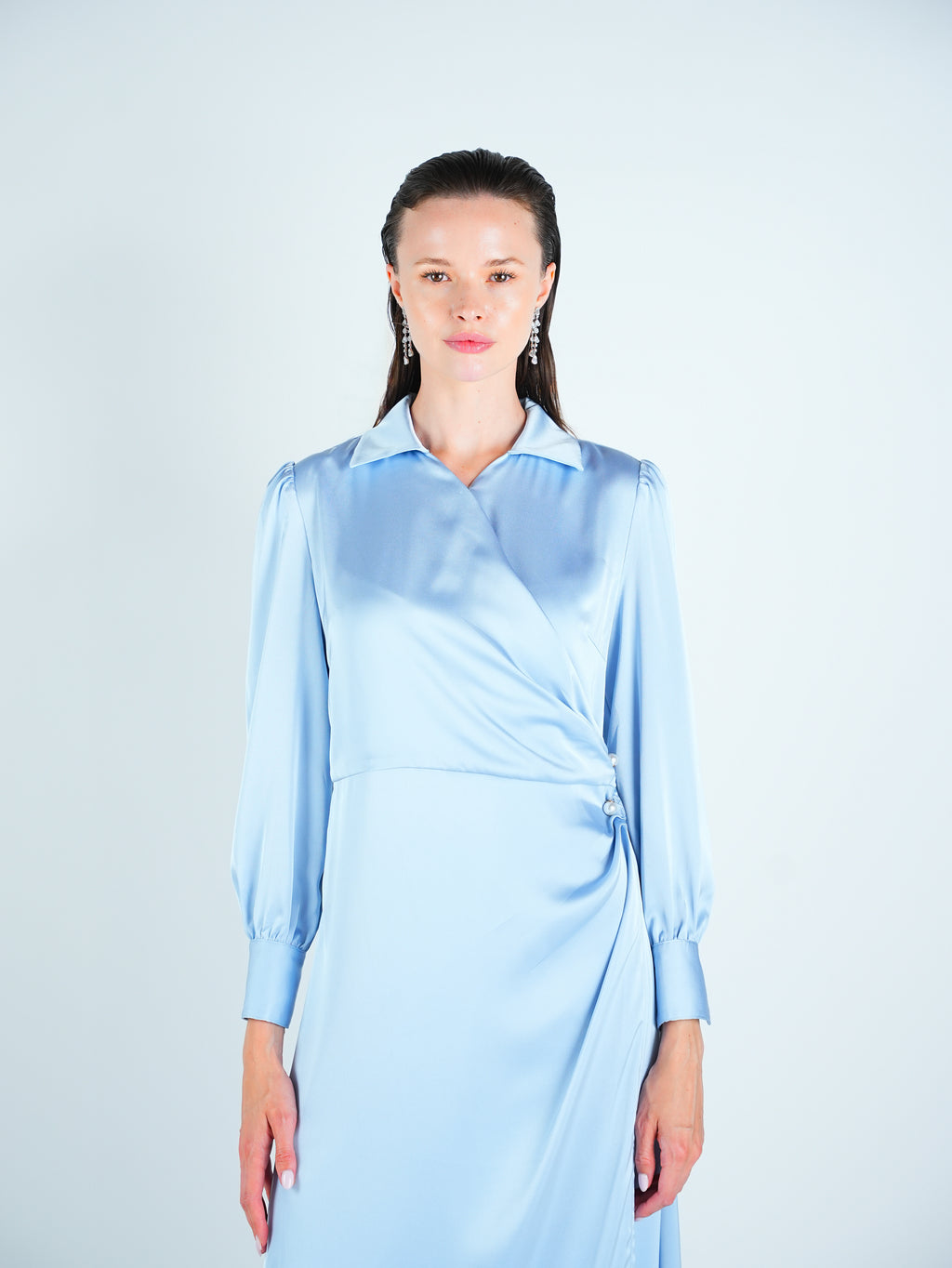 Satin Wrap Pearl Detail Maxi Dress