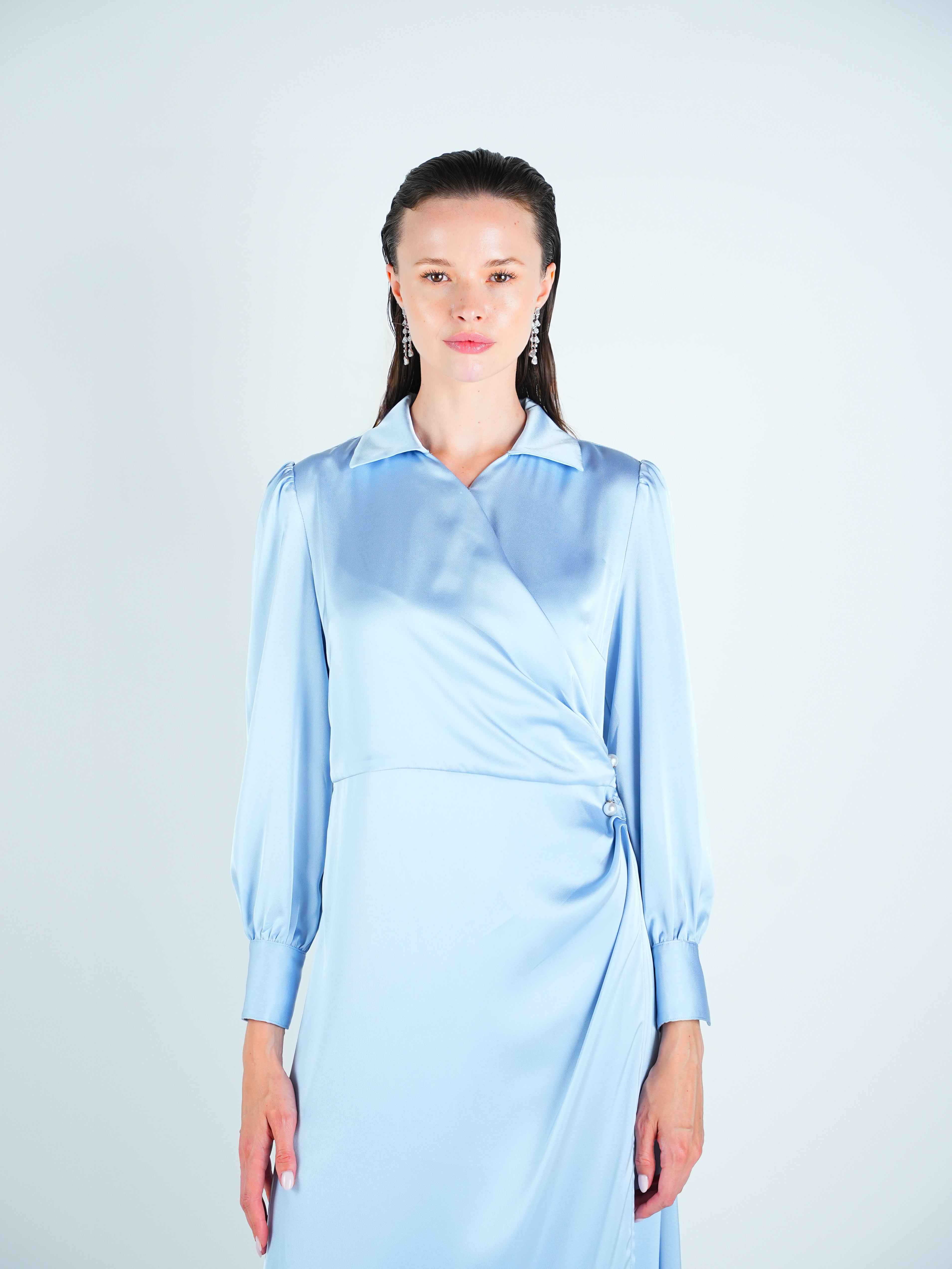 Satin Wrap Pearl Detail Maxi Dress