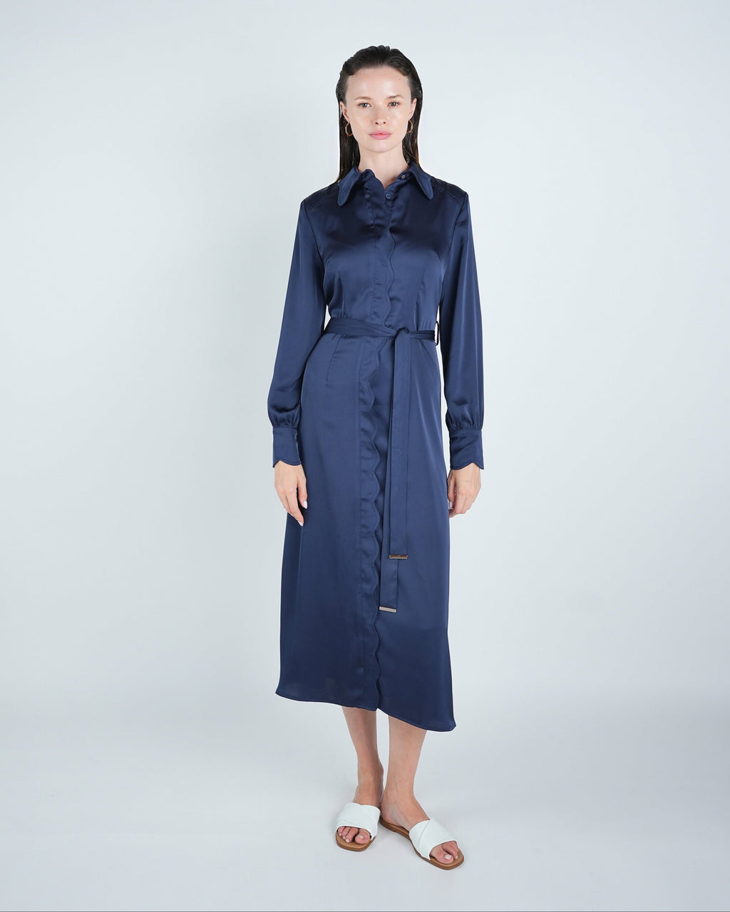 Satin Navy Belted A-Line Midi Dress